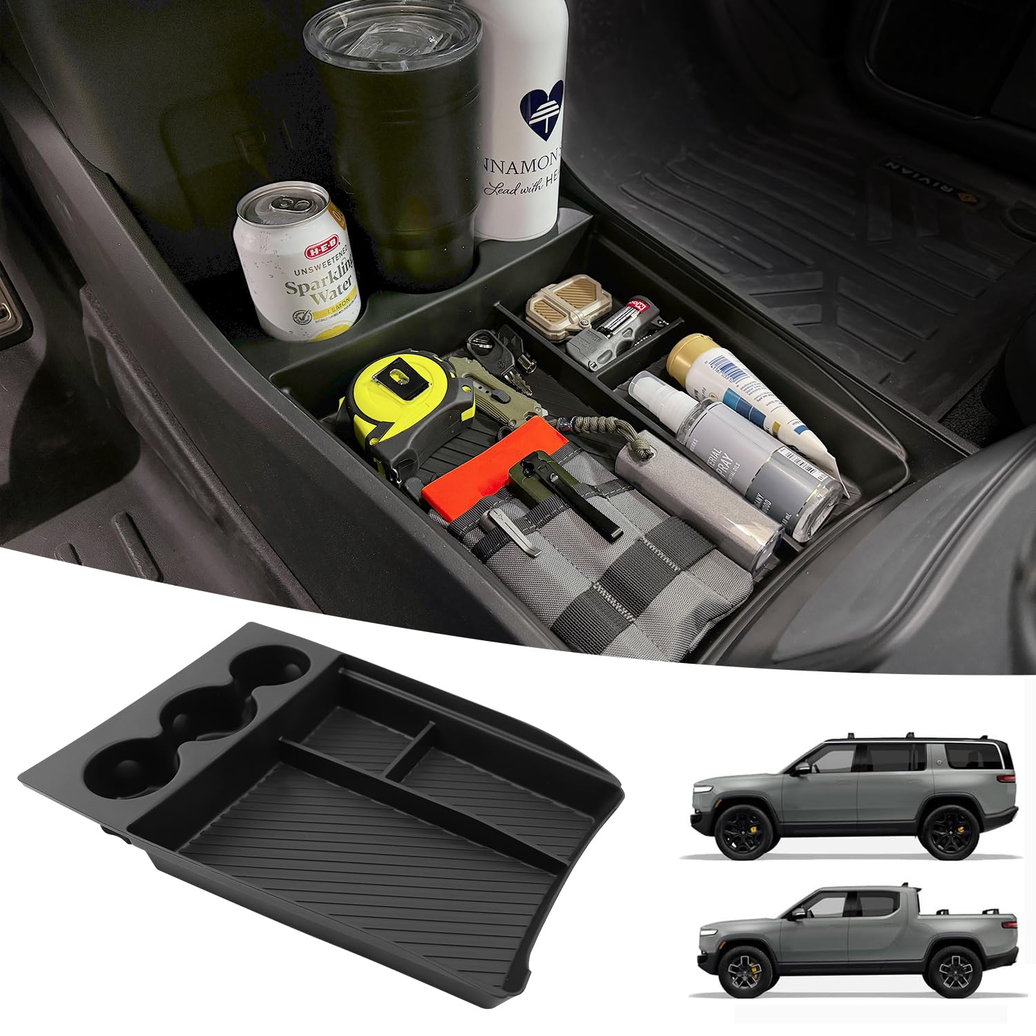 Wuchurth Lower Center Console Organizer for 2022-2026 Rivian R1T & R1S Accessories, Floor Console Storage Tray Insert with Cup H