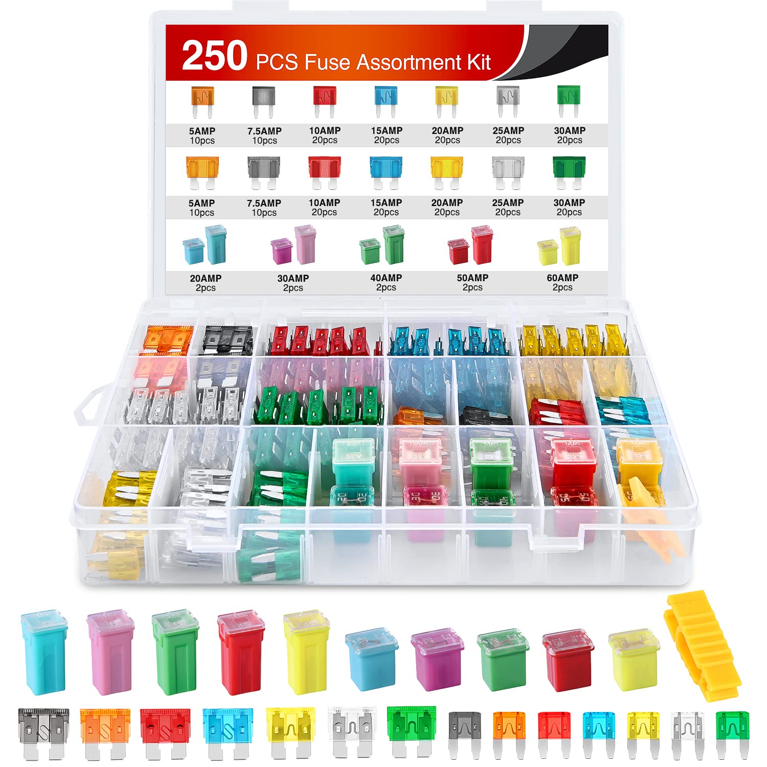 Nilight Blade Jcase Car Fuse Assortment Kit 5A 7.5A 10A 15A 20A 25A 30A Standard Mini Fuses 20A 30A 40A 50A 60A Low Tall STD Pro
