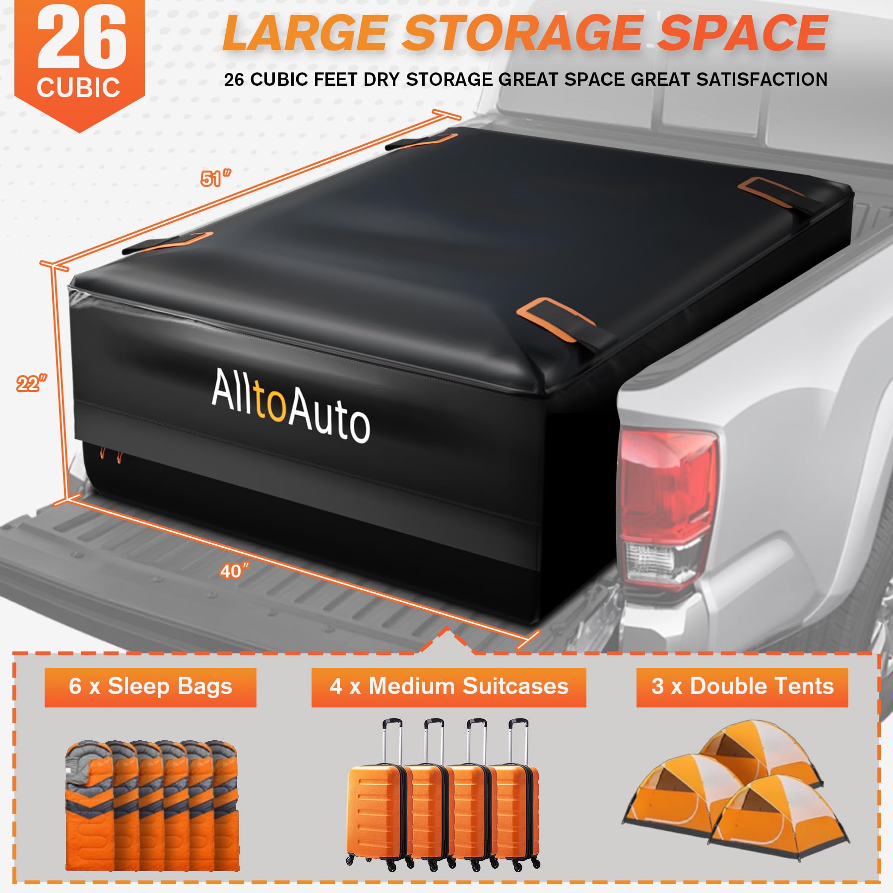 AlltoAuto Truck Bed Cargo Bag - 26 CU FT, Waterproof Heavy Duty PVC, Fits Any Truck, Black & Orange