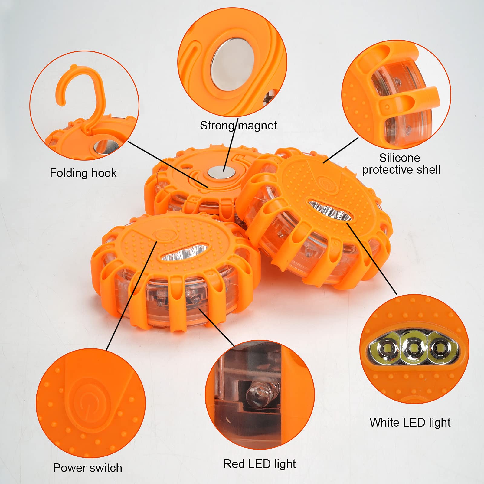 Heigpan Gp906 Led Road Flares Safety Flashing Warning Lights Kit, Magnetic Base & Hook 9 Flash Modes, For Emergency Roadside Saf