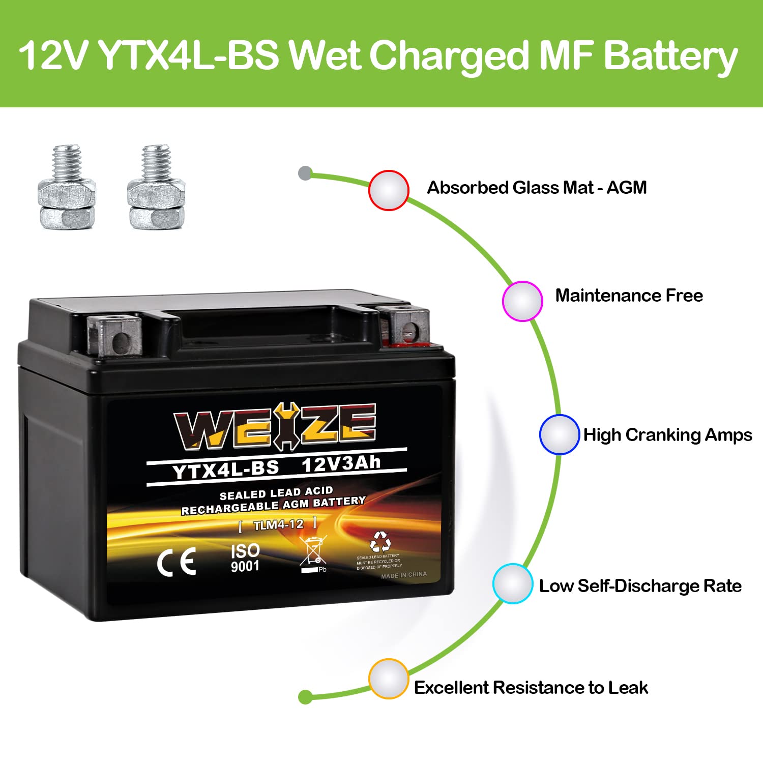 WEIZE YTX4L-BS Motorcycle Battery - High Performance, Sealed, Black, Compatible with Polaris, Honda, Kawasaki, Yamaha, Size: ytx-4L