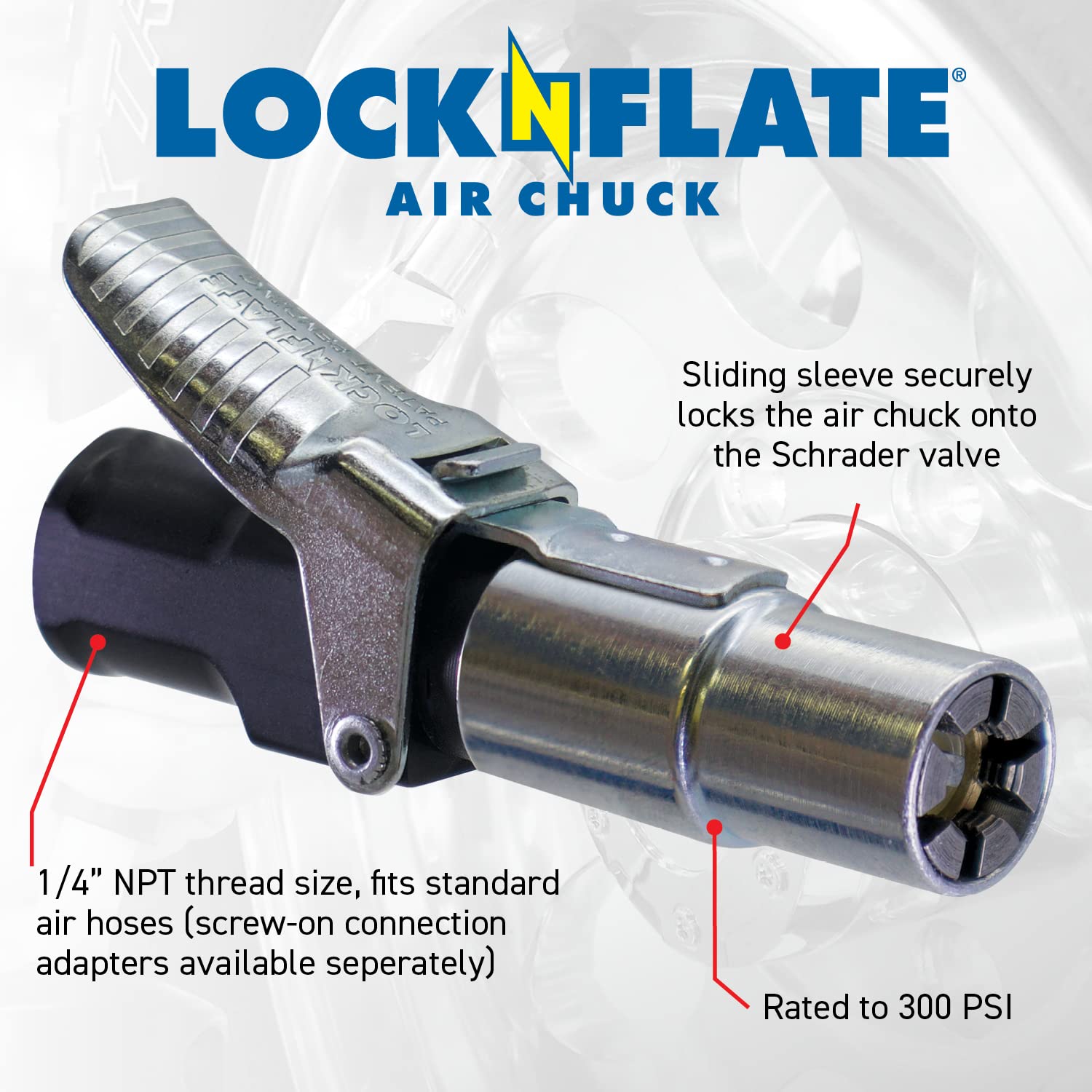 Locknflate® Locking Air Chuck - Six Steel Jaws Lock Onto Any Tire Valve - Won'T Leak Or Pop Off - Rated To 150 Psi - Open Flow