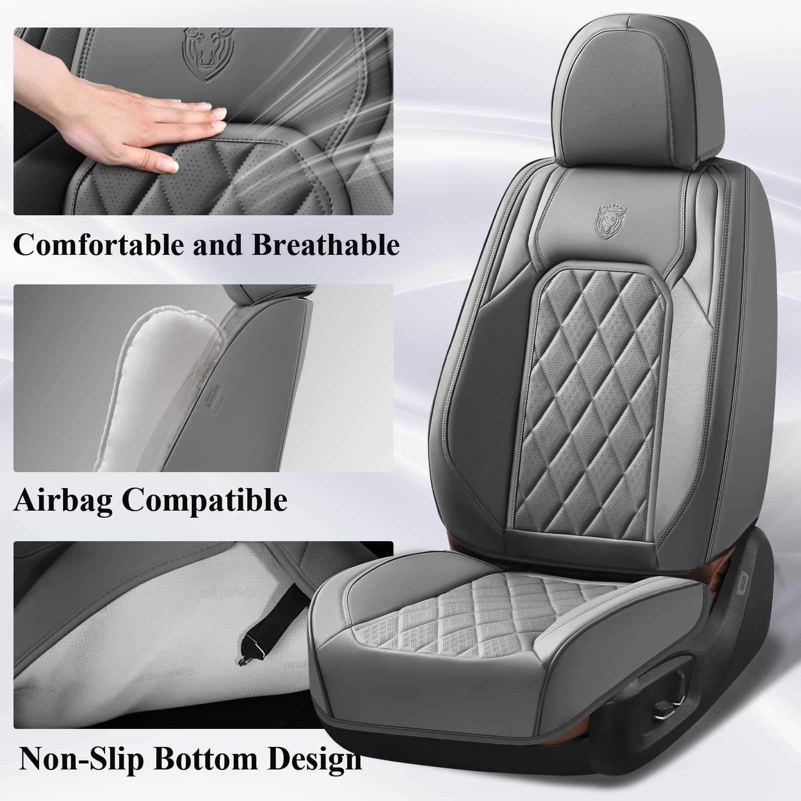 Coverado Car Seat Covers, Front Seat Cover, 2 Pack Luxury Faux Leather Seat Covers For Cars, Waterproof Car Seat Protector, Gray