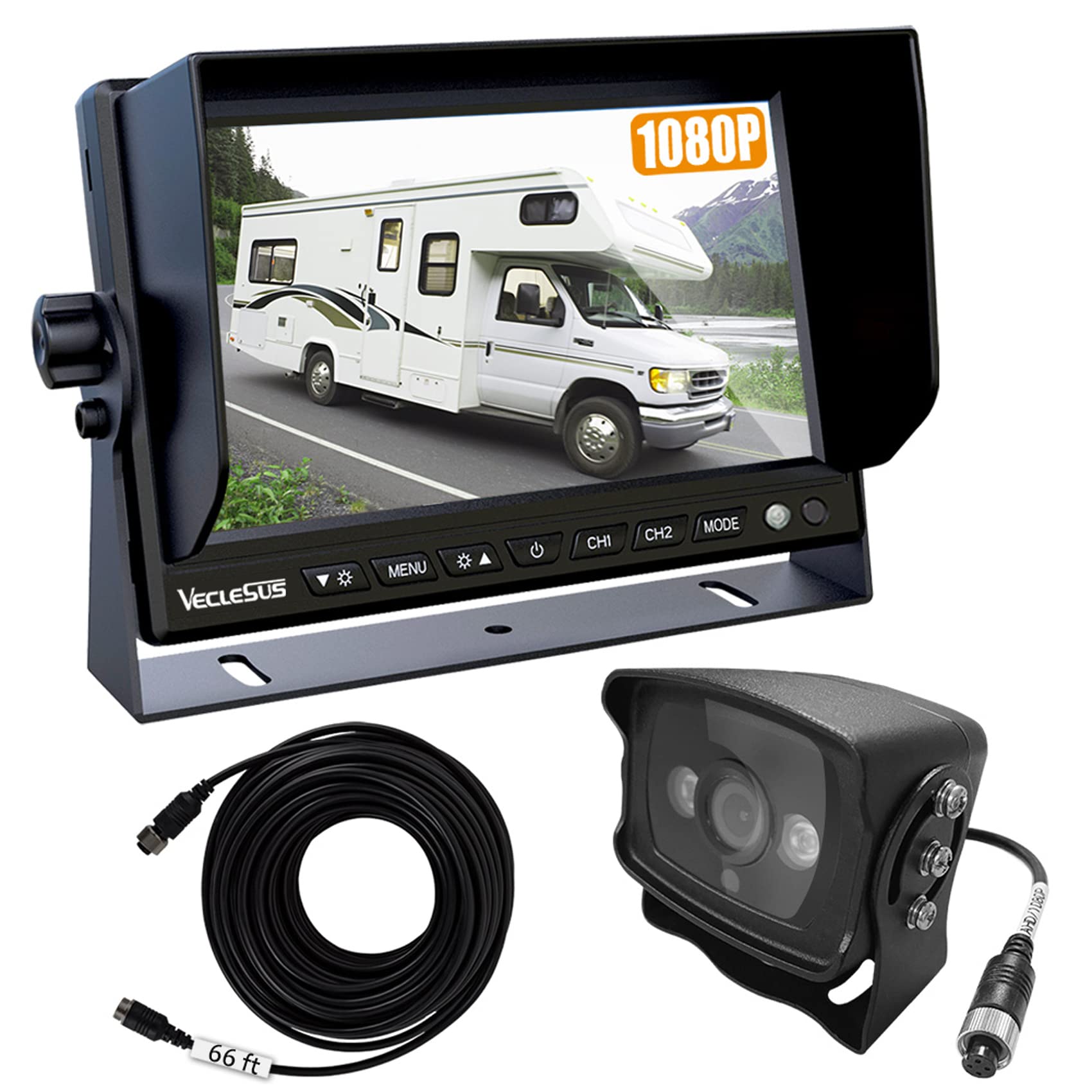 Backup Camera System Vms 1080P High Definition Wired 2 Videos 7'' Wide In-Plane Switching Monitor Night Vision Backup Camera For