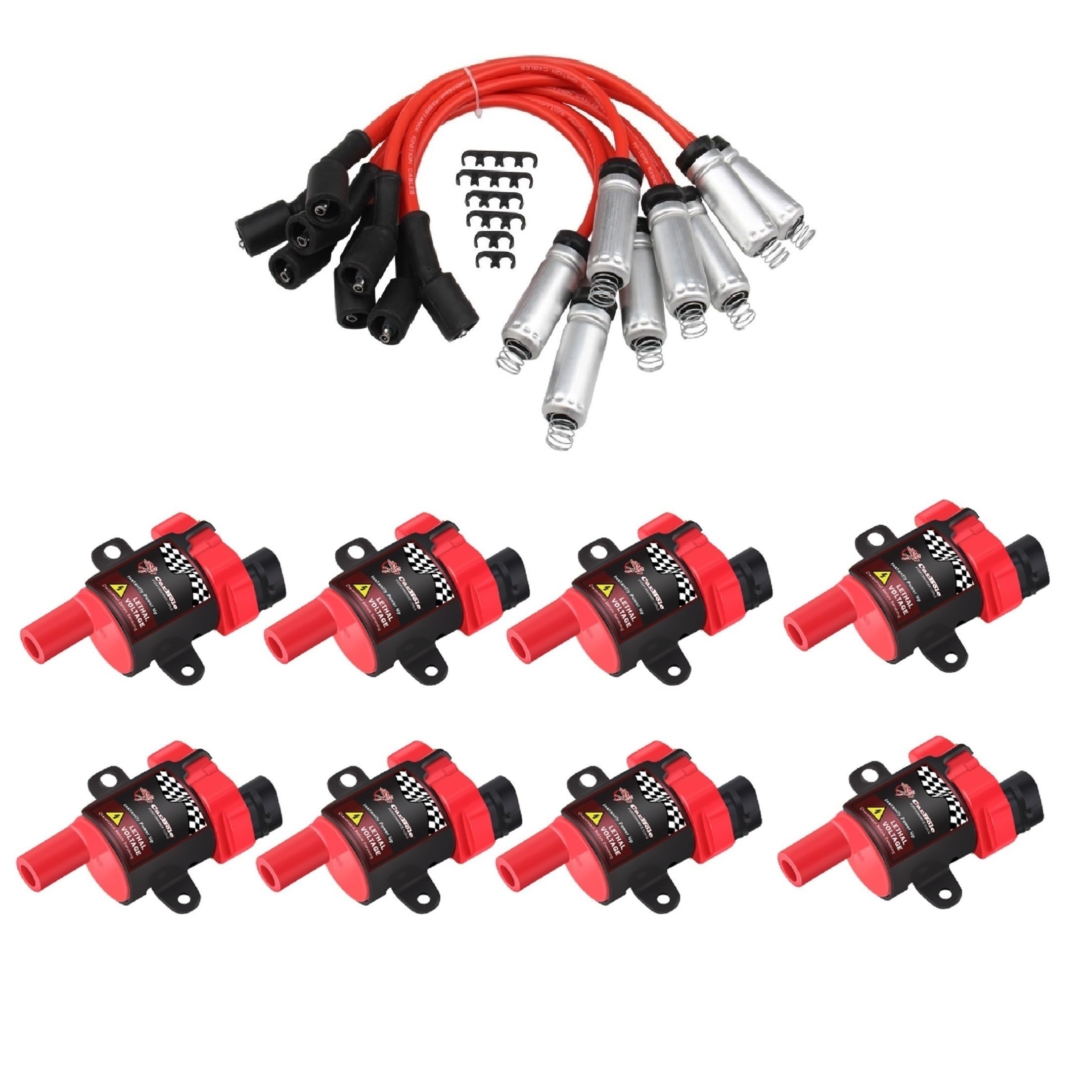CarBole 8 Pack D585 Ignition Coil and 748UU Spark Plug Wires Set for Chevy Silverado LS1 LS3 4.8 5.3L - Red Round Coils