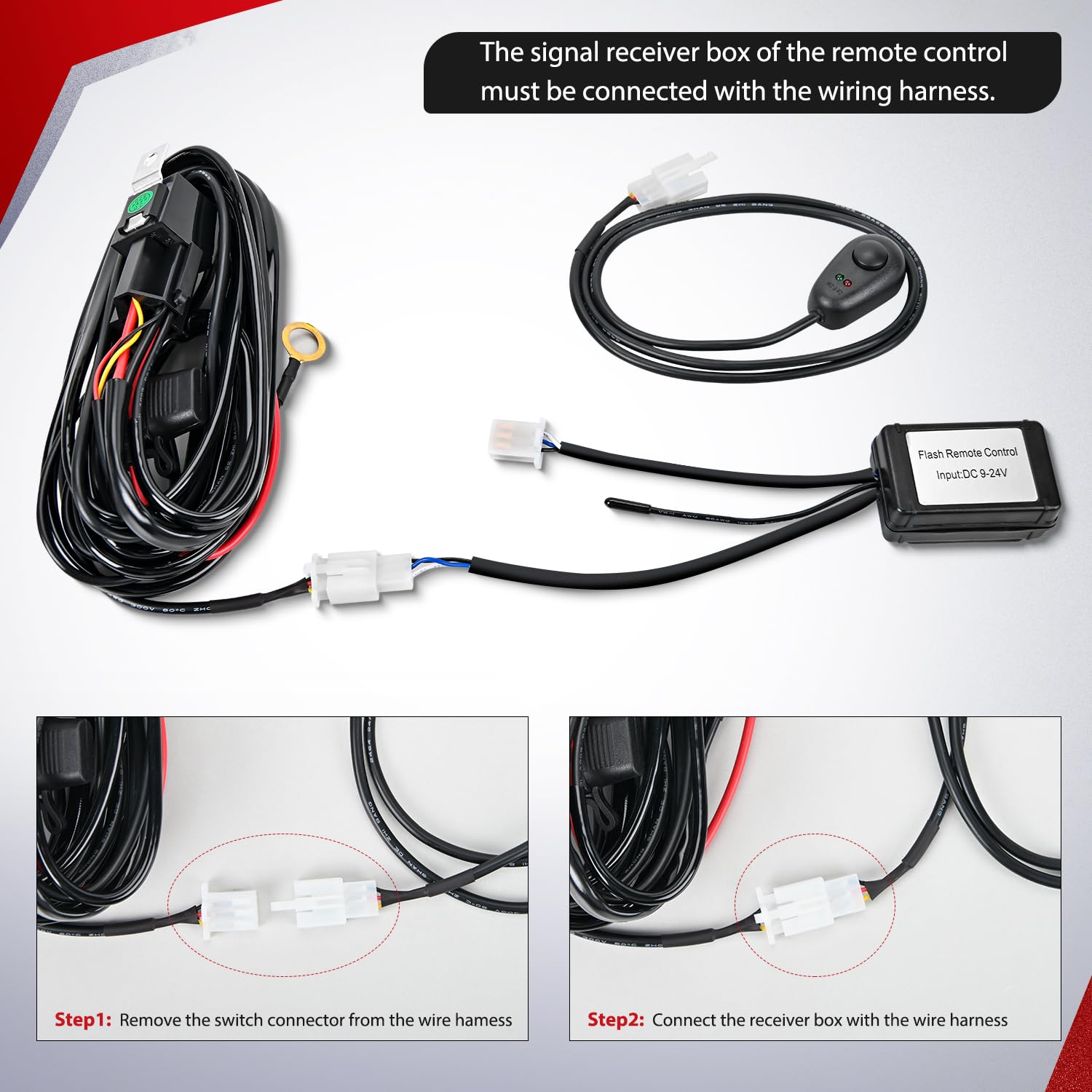 Nilight 10064W Remote Wiring Harness for LED Light Bar, 12V 15A, 16AWG, Waterproof, Includes Wireless Controller & Blade Fuse, 2 Leads