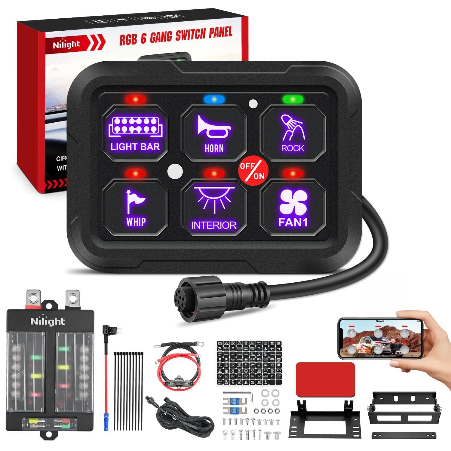 Nilight 6 Gang Switch Panel 12V 24V Universal Circuit Control Relay System with RGB Backlight APP Fuse Wiring Harness Automatic 