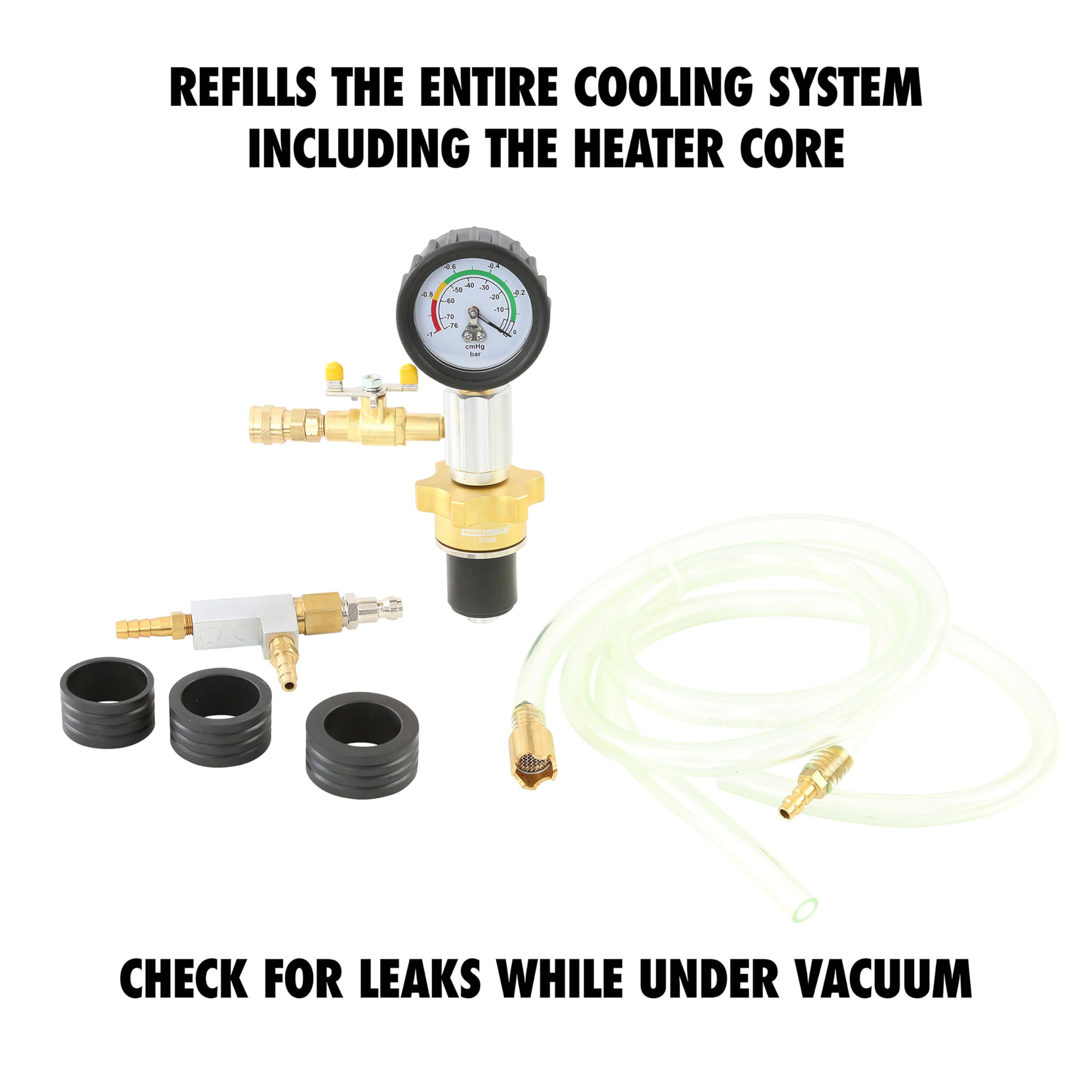 OEMTOOLS Coolant System Refiller Kit - 3 Adapters, Green, Model 27066, Removes Air Trapped, Tests Radiator & Heating Core Lines