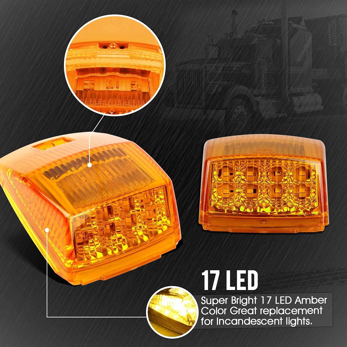 Partsam 17LED Amber Yellow Cab Marker Lights for Kenworth/Peterbilt/Freightliner/Mack Trucks - DOT Compliant Roof Light Assembly