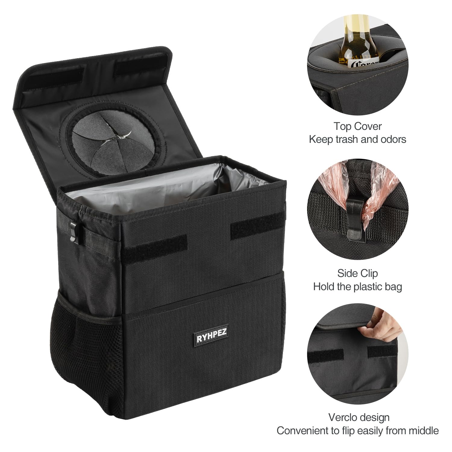 Ryhpez Car Trash Can With Lid - Car Trash Bag Hanging With Storage Pockets, Leak-Proof Collapsible Garbage Bin For Car(3.2 Gallo