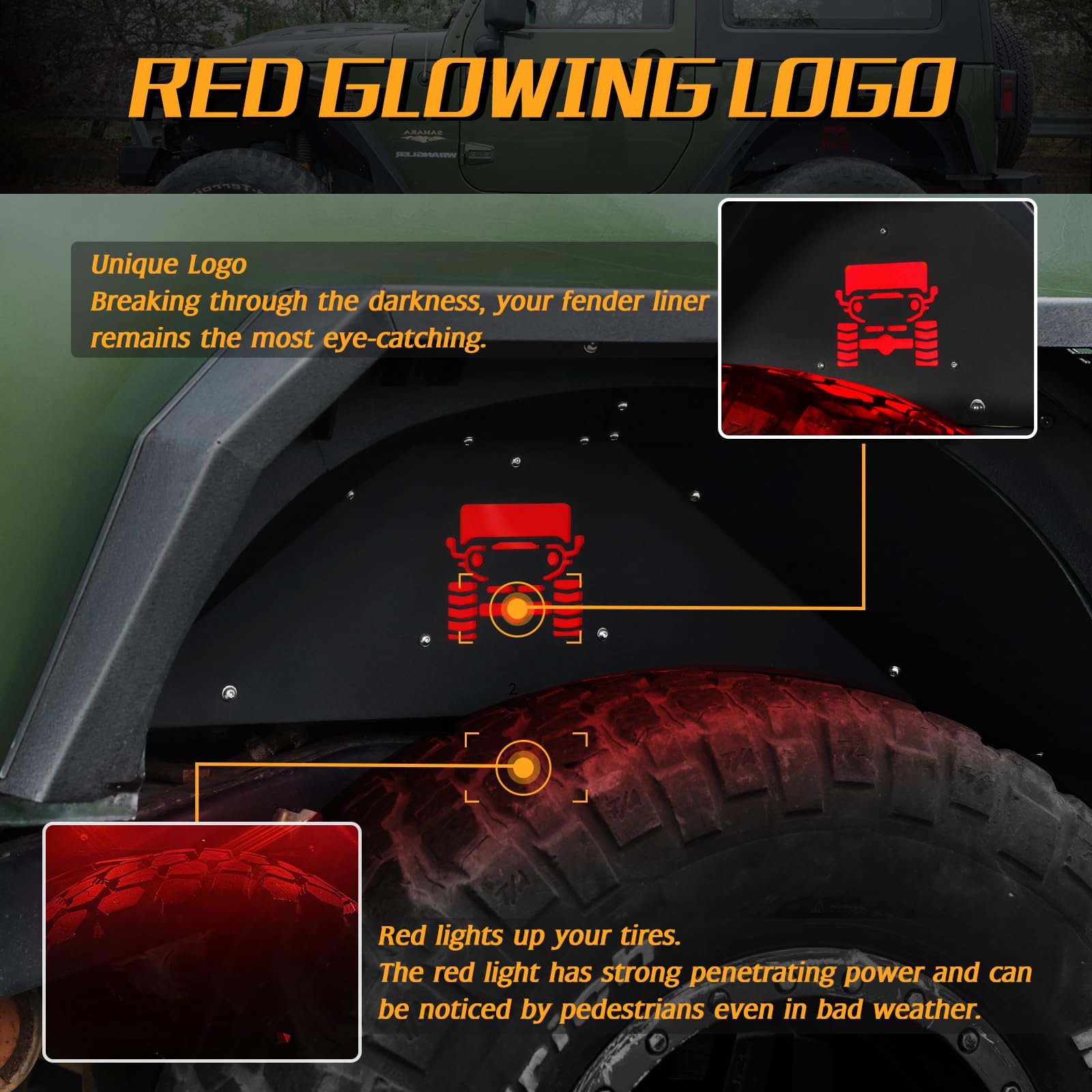 Jroad Inner Fender Front Fender Liners Compatible With Jeep Wrangler Jk Jku Aluminum,With 4 Led Lights For 2007-2018 Wrangler Ac