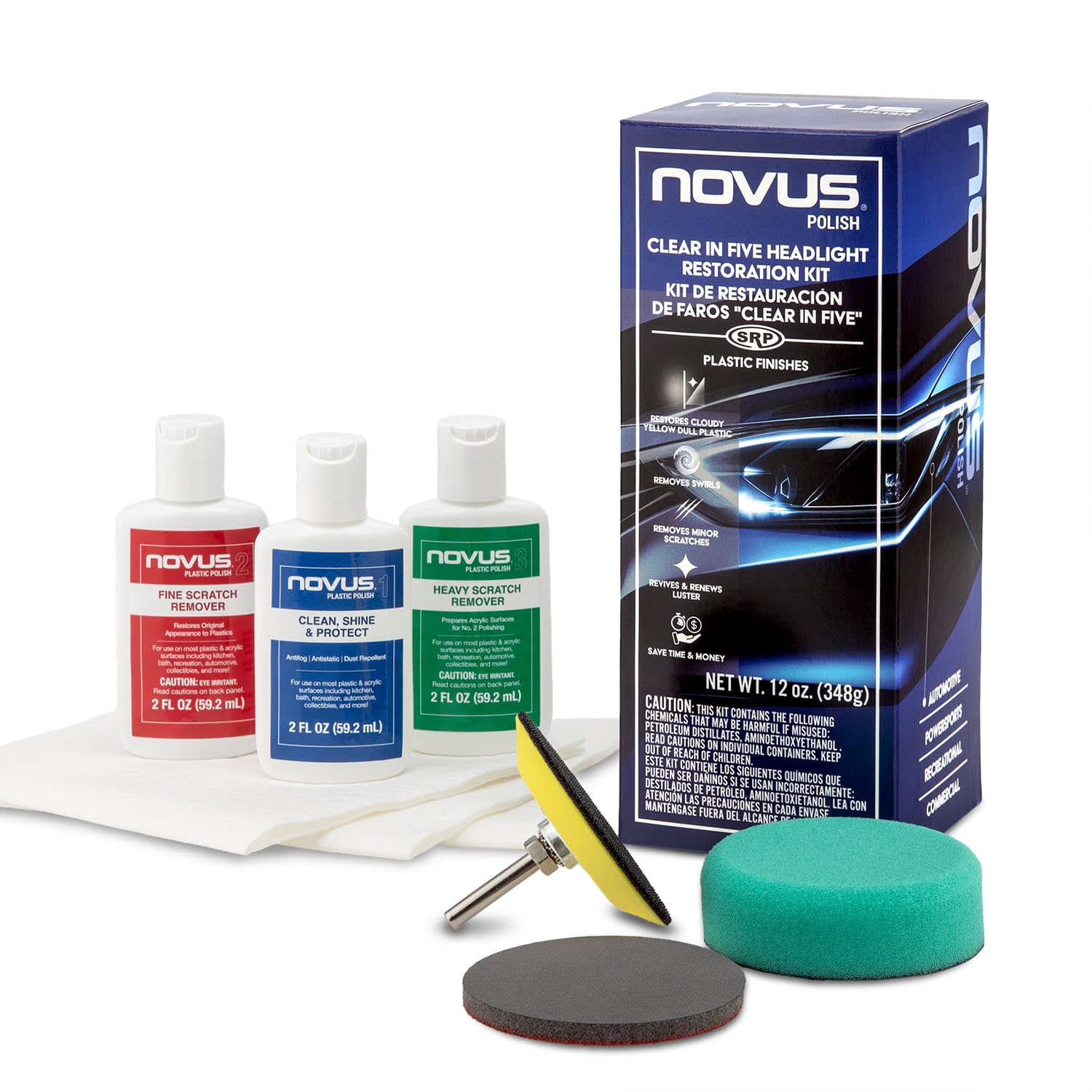 NOVUS Clear in Five Headlight Restoration Kit | 2 Ounce #1, 2, & 3 Bottles, Buffing Pad, Backing Pad Drill Attachment, 1,000 Gri