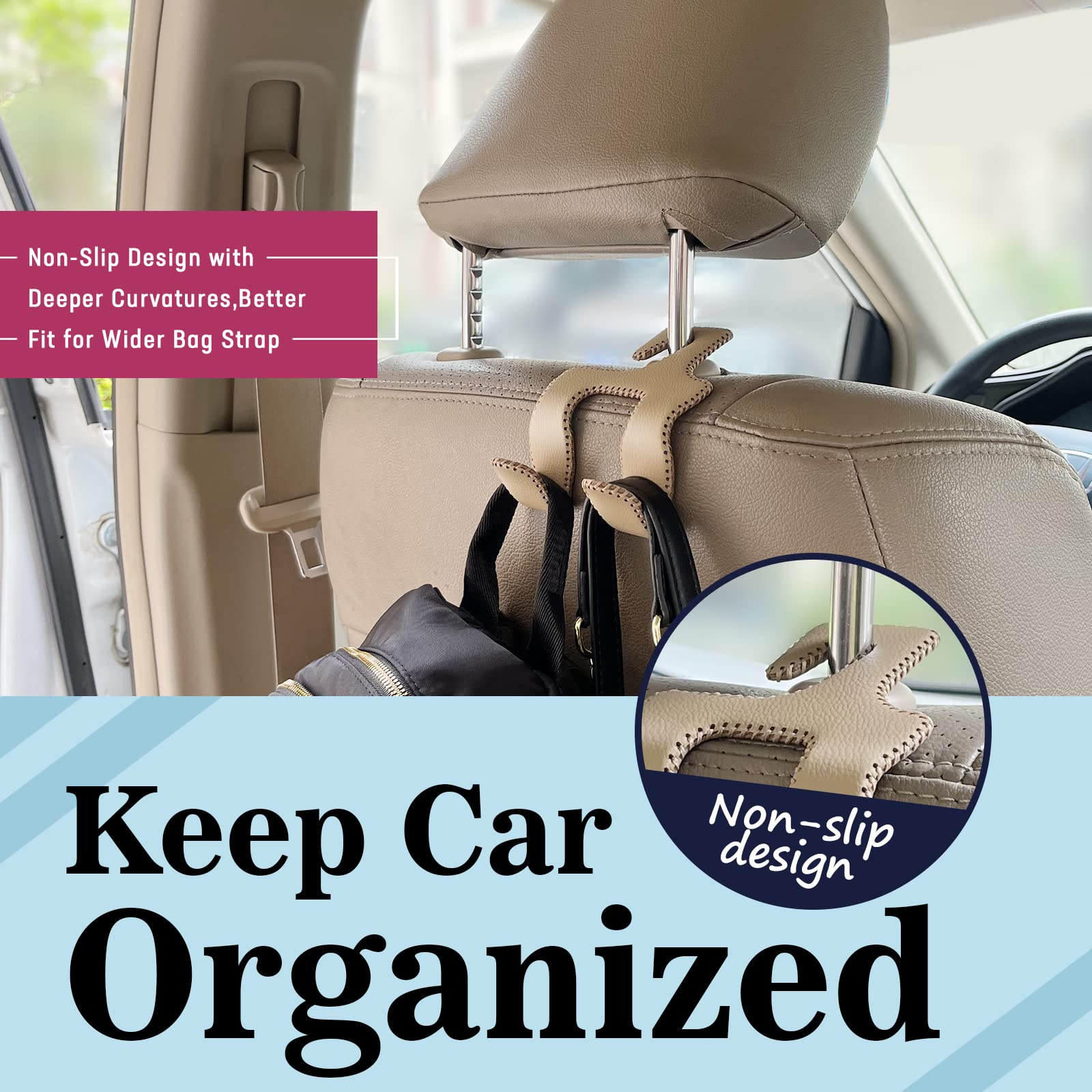 Tisohugo Upgraded Headrest Hooks For Car, 2 In 1 Back Seat Purse Holder Hook Genuine Leather Head Rest Hangers Vehicle Organizer