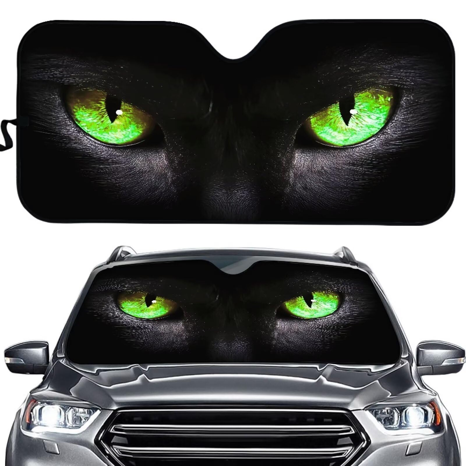 Suhoaziia Black Cat Green Eyes Windshield Sun Shade, Car Front Windshield Sun Shade for Most Sedans SUV Truck, Auto Sun Blocker 