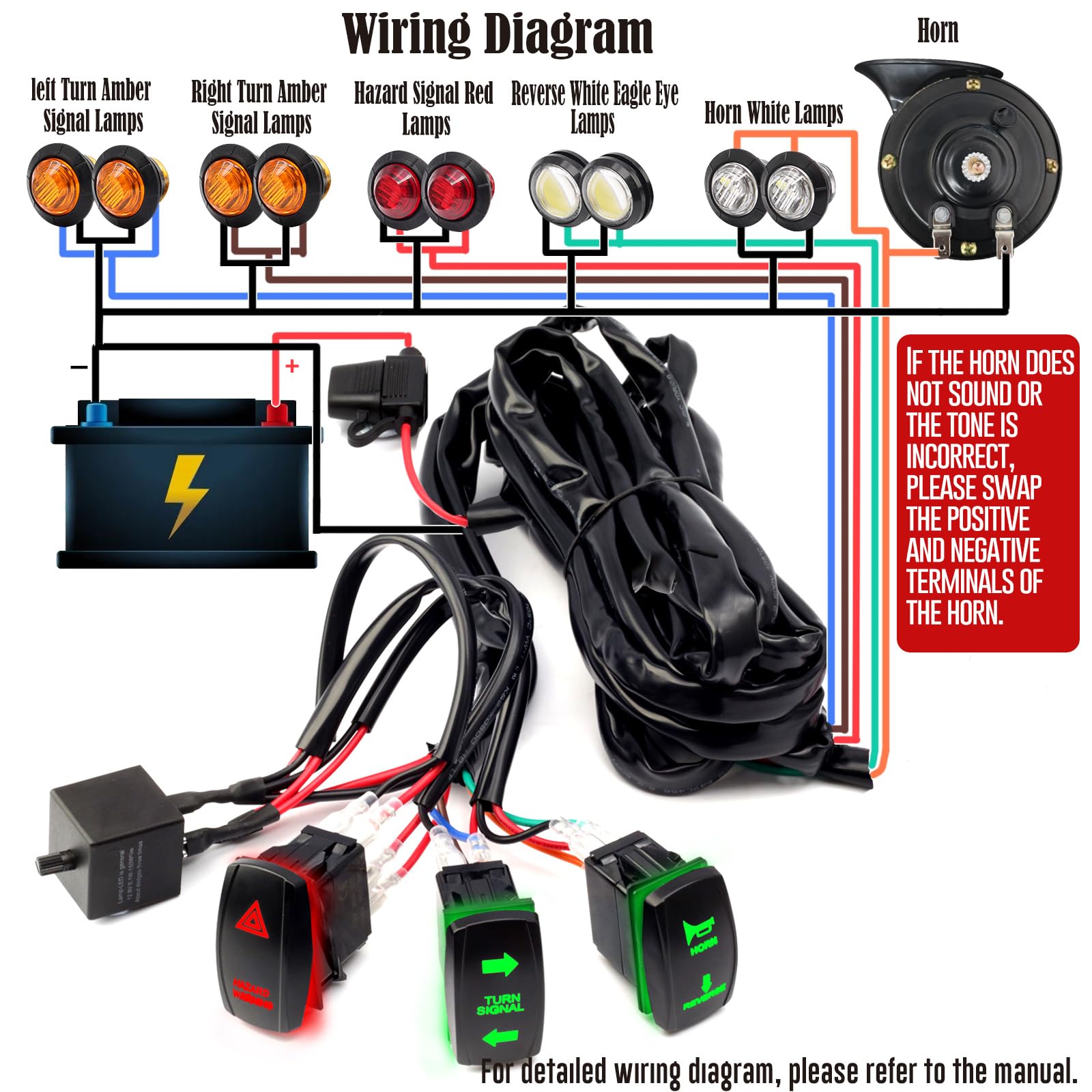 Pre-Wired ATV UTV Turn Signal Kit, Universal Dirt Bike Street Legal Kit with Horn Reverse Hazard Turn Light Rocker Switch & Flas