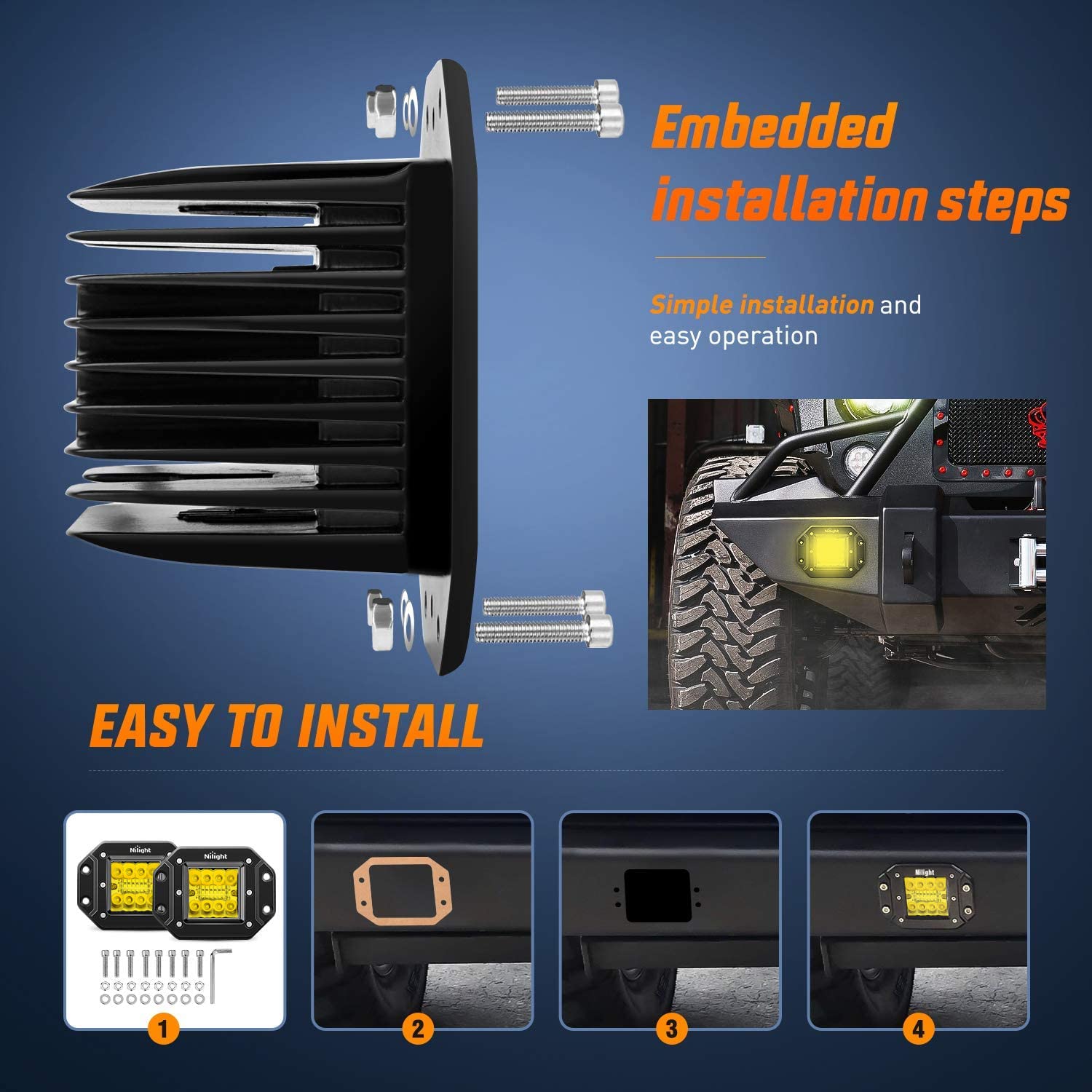 Nilight 2Pcs 42W Flush Mount Amber Led Light Pods Upgraded Spot Flood Combo Beam Driving Light Led Work Light With 16Awg Wiring