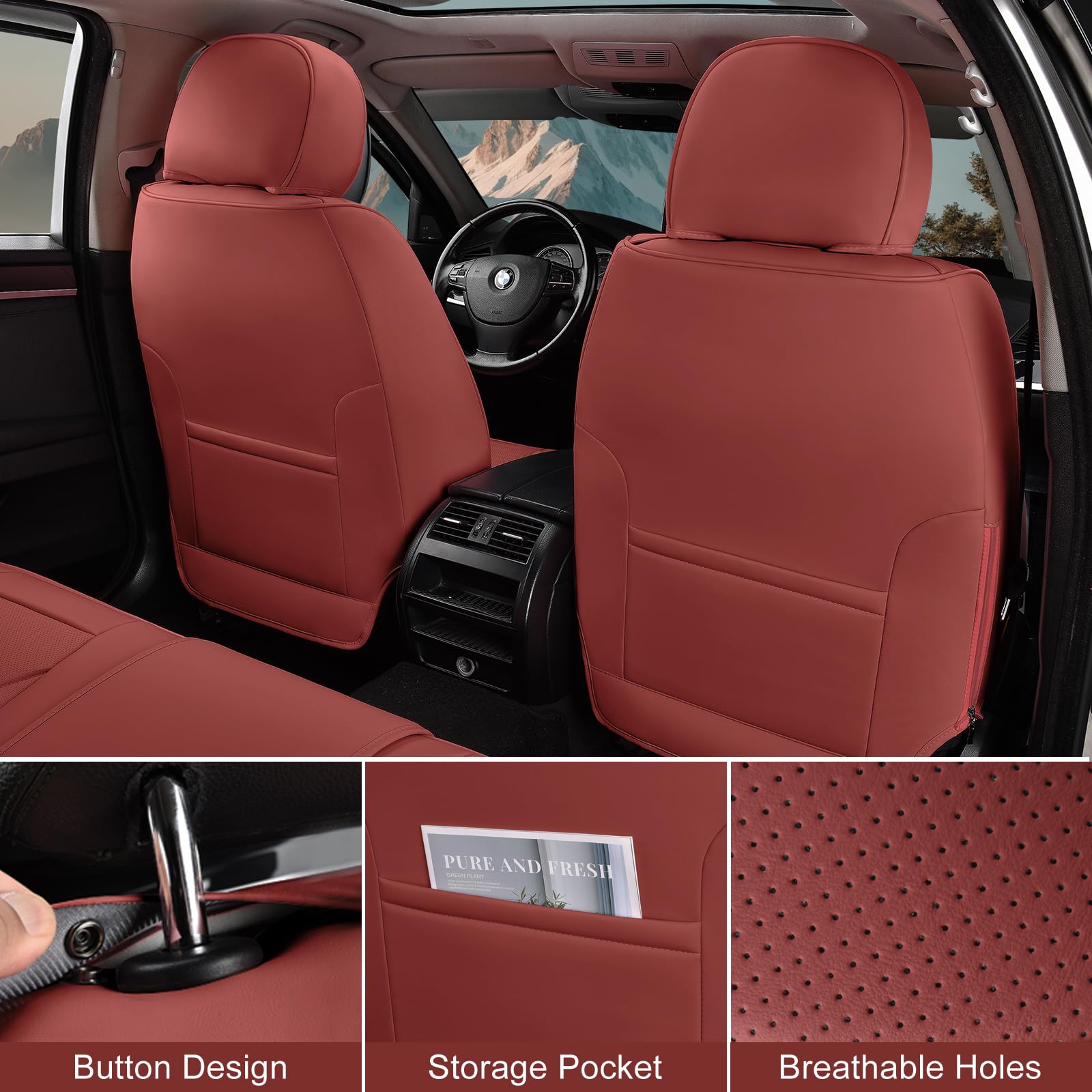 TIEHESYT Front Pair Car Seat Covers - Breathable Faux Leather, Martha Red, Universal Fit for SUVs, Trucks, and Sedans