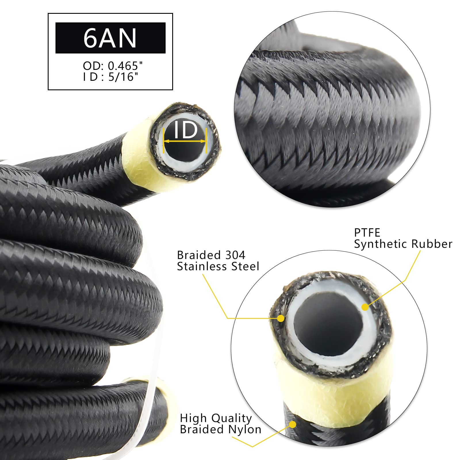 Medoon 6AN PTFE Fuel Line Kit, 5/16'' Nylon Stainless Steel Braided, LS Swap EFI E85 Injection Fuel Hose Fitting 20FT