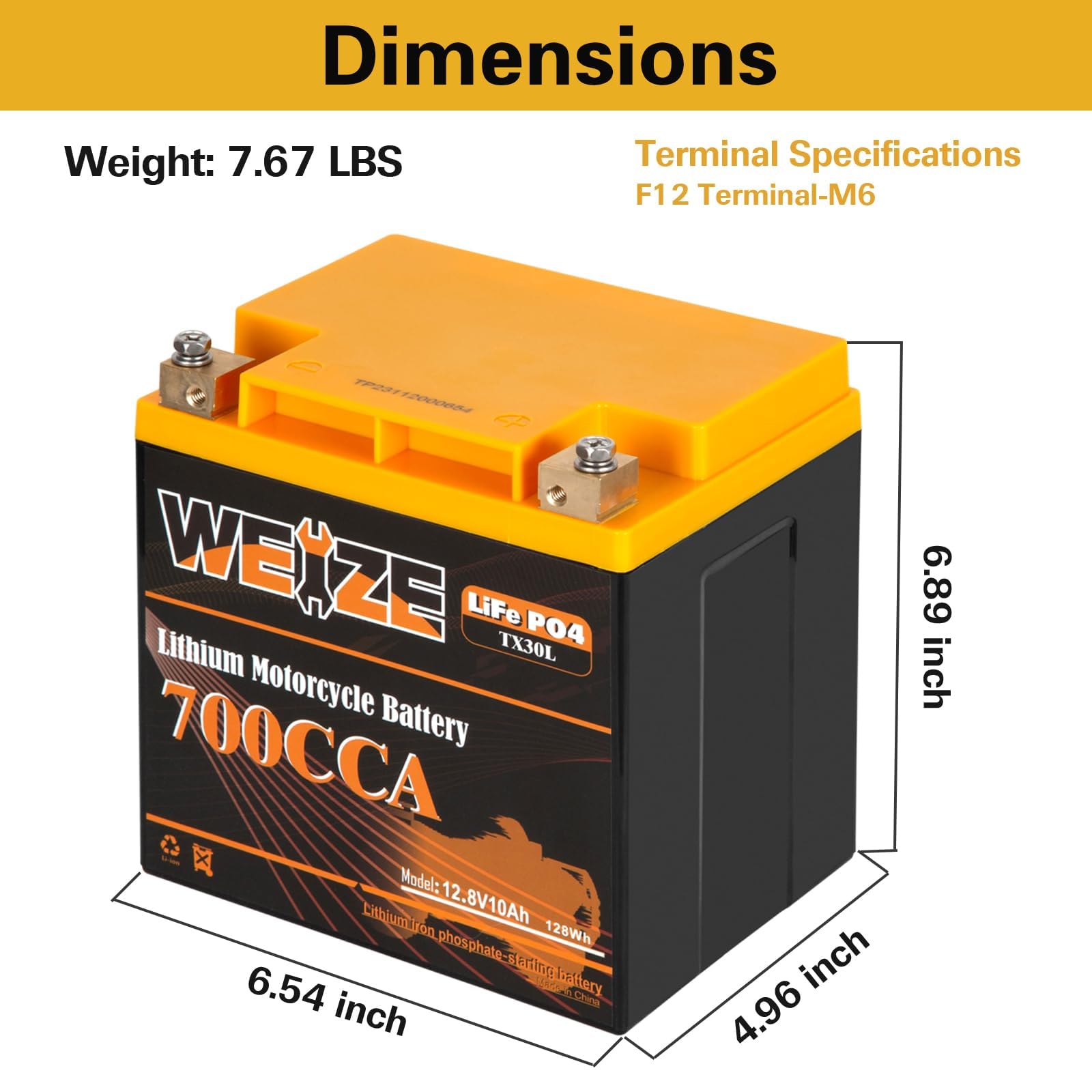 Weize Lithium Ytx30L-Bs, 700A Lithium Lifepo4 Ytx30L Motorcycle Battery, 12V 10Ah Atv, Utv, Jet Ski, Scooter, Lawn Mower, Tracto