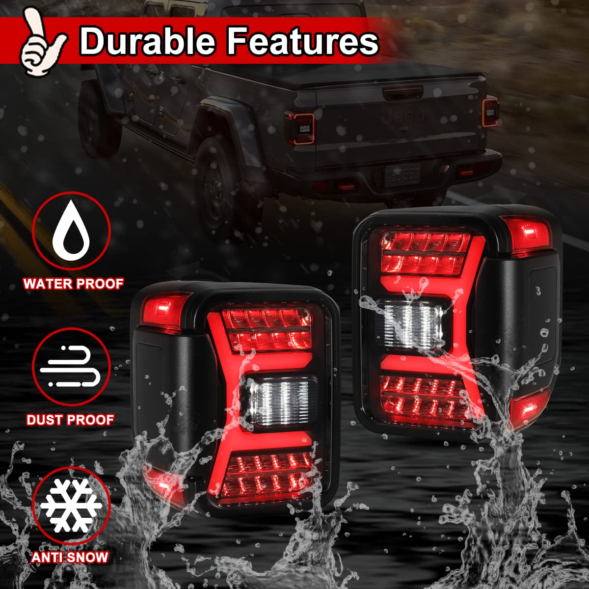 Nixon Offroad Jeep Gladiator JT Tail Lights - Sequential LED Rear Lamps, Matte Black Housing/Smoke Lens, Style 2, 2018-2023