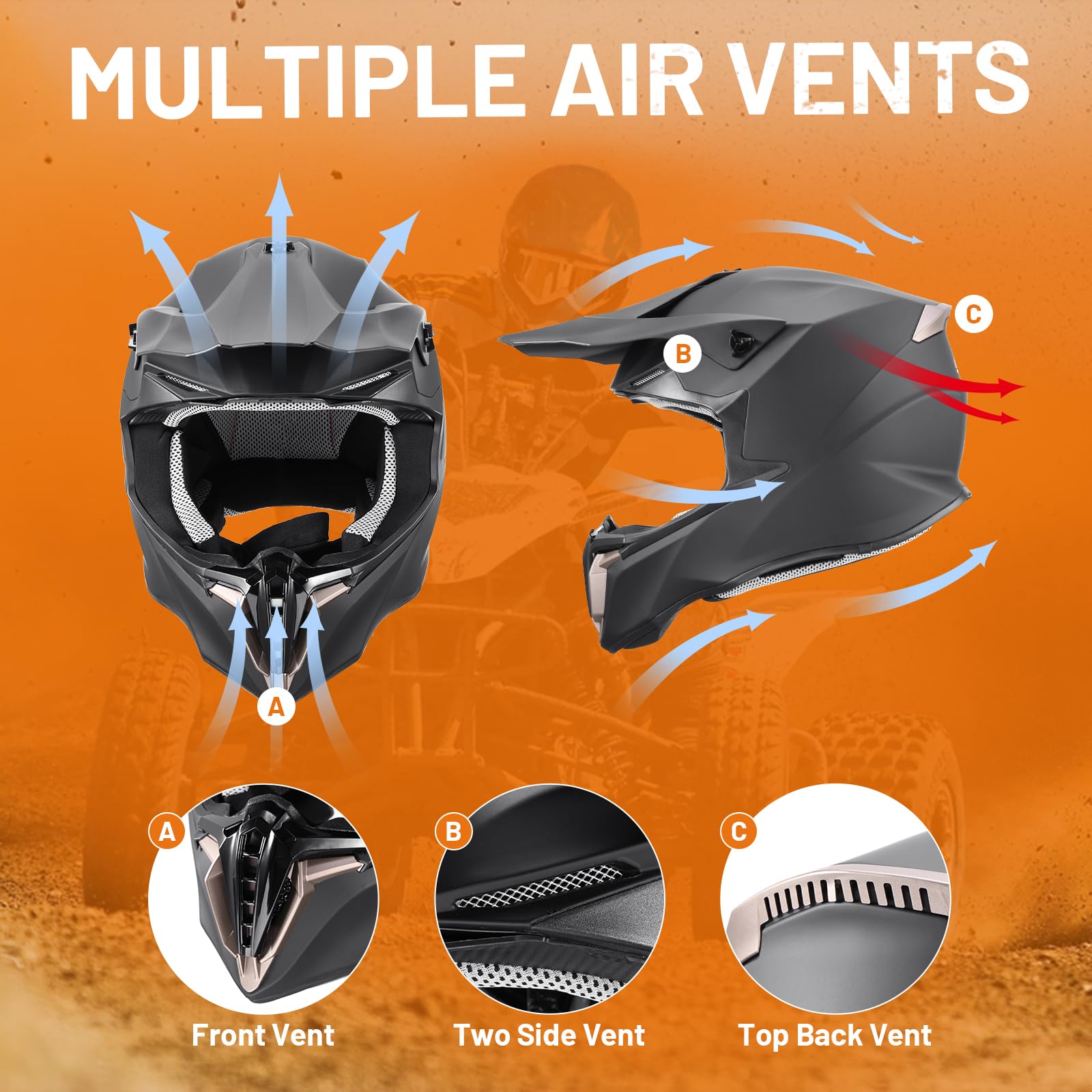 Oumurs Adult ATV Dirt Bike Helmet with Gloves & Mask, Matte Black, Medium, ABS, Off-Road Motocross, Adjustable Sun Visor