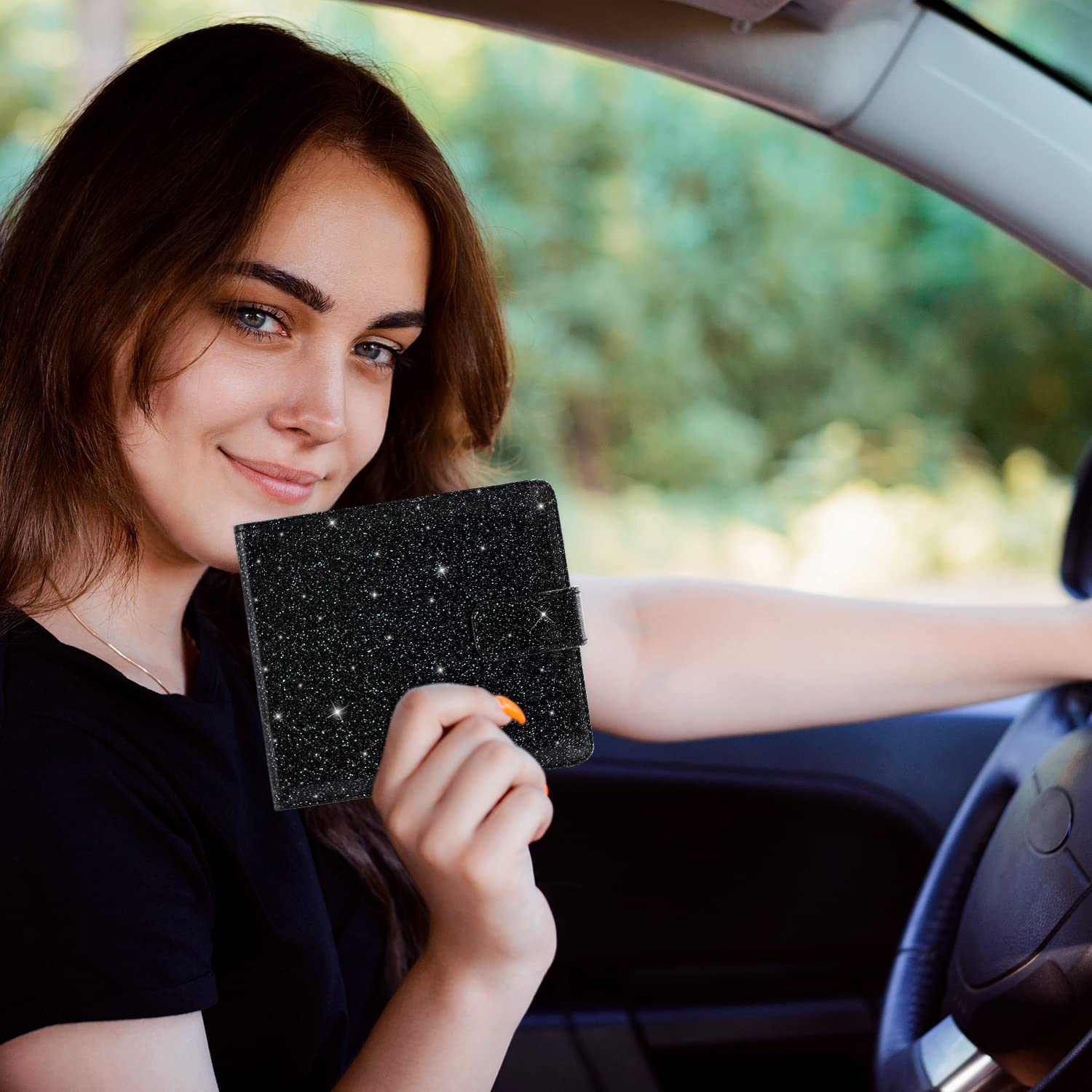 Yaviv Car Registration And Insurance Holder, Premium Leather Car Document Organizer Cool Car Accessories For Cards, Essential Document And Driver License, Black Glitter