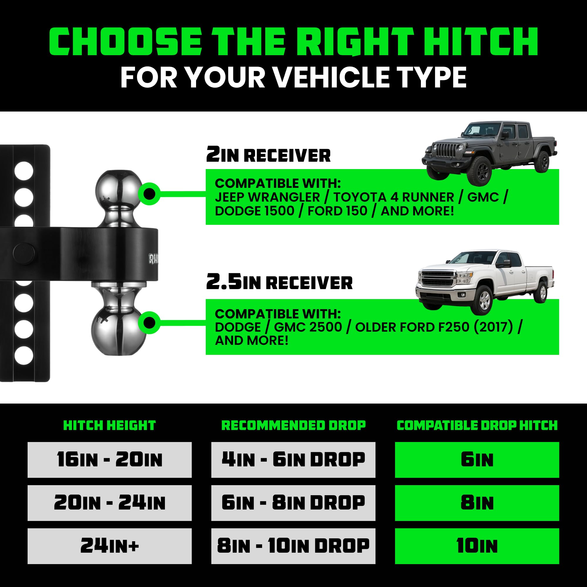 Rhino Usa Adjustable Trailer Hitch (2-Inch Receiver) - Heavy Duty Aluminum Tow Hitches With 8-Inch Drop/Rise For Truck (12,500 L