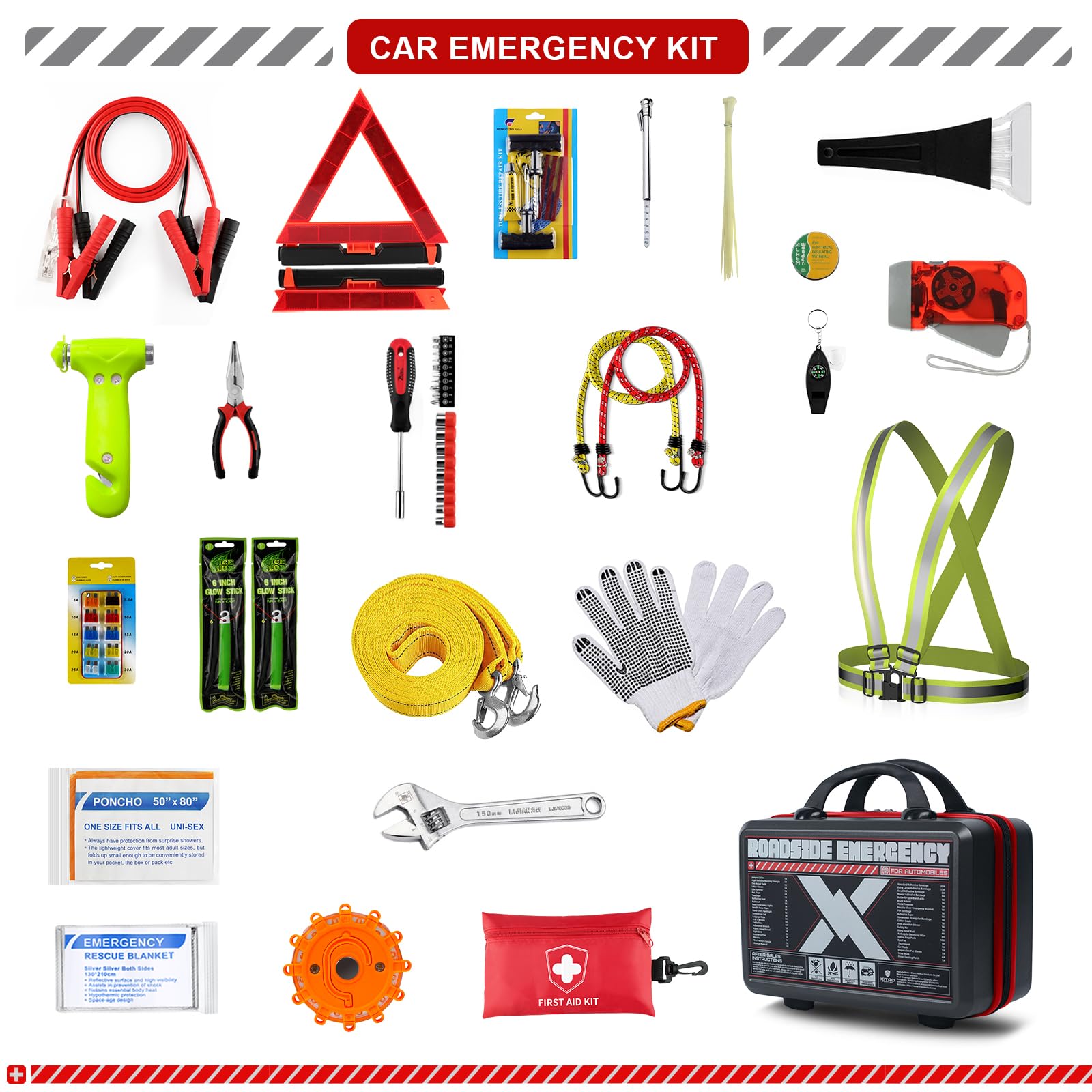 Kitgo Roadside Emergency Car Kit - 137 Pieces, Jumper Cable, Black Nylon, Large Size, Tow Strap, Essential Safety Tool Kit for Men and Women