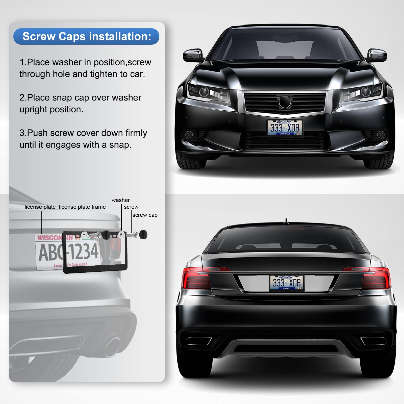Quanqiufei 2 Pack License Plate Frames, Stainless Steel Car License Plate Cover Car Accessories With Screw Caps (Black)