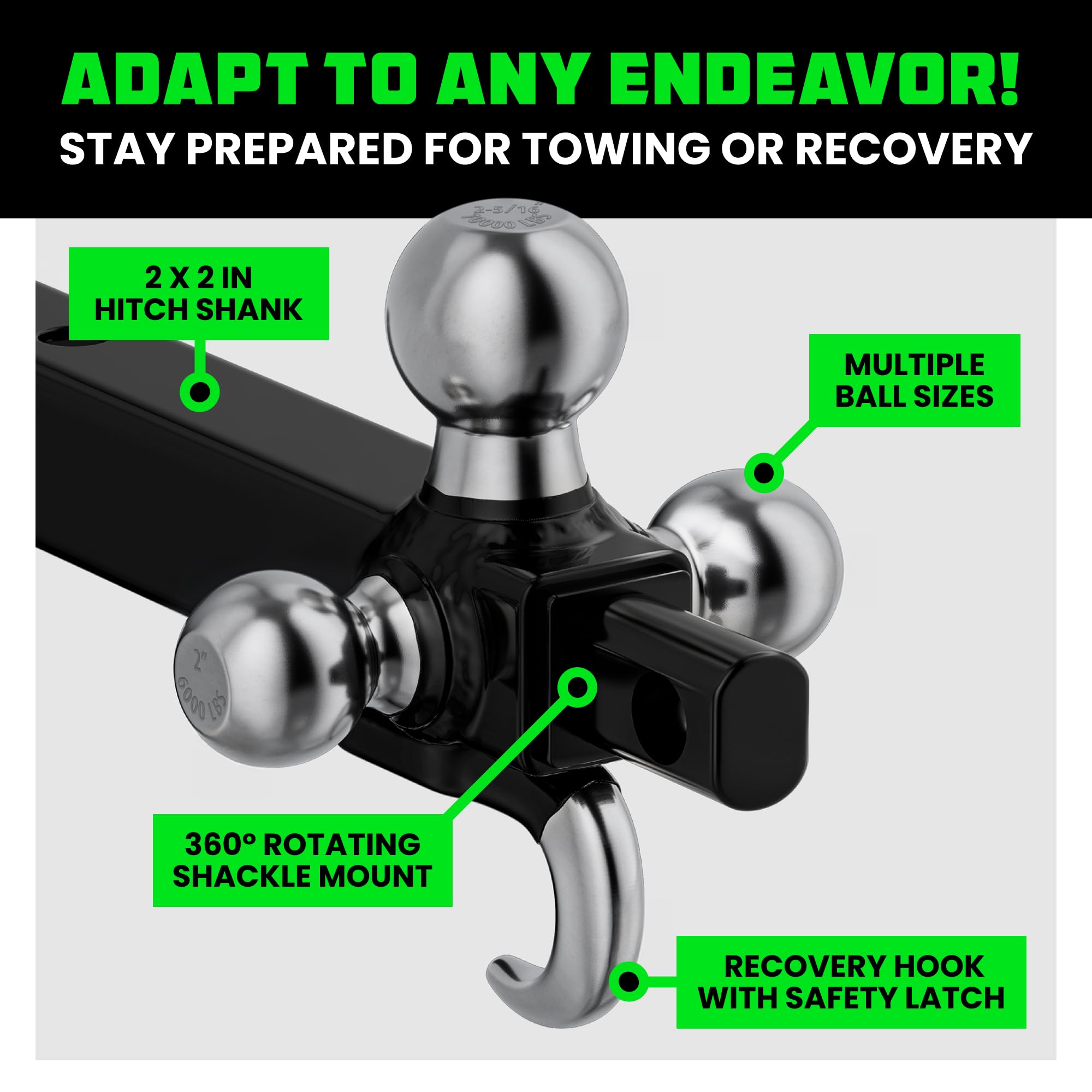 Rhino USA Trailer Hitch Tri-Ball Mount with Hook, Shackle & Locking Pin (2-Inch Receiver) Versatile Tow Hitch Ball Size 1-7/8 In