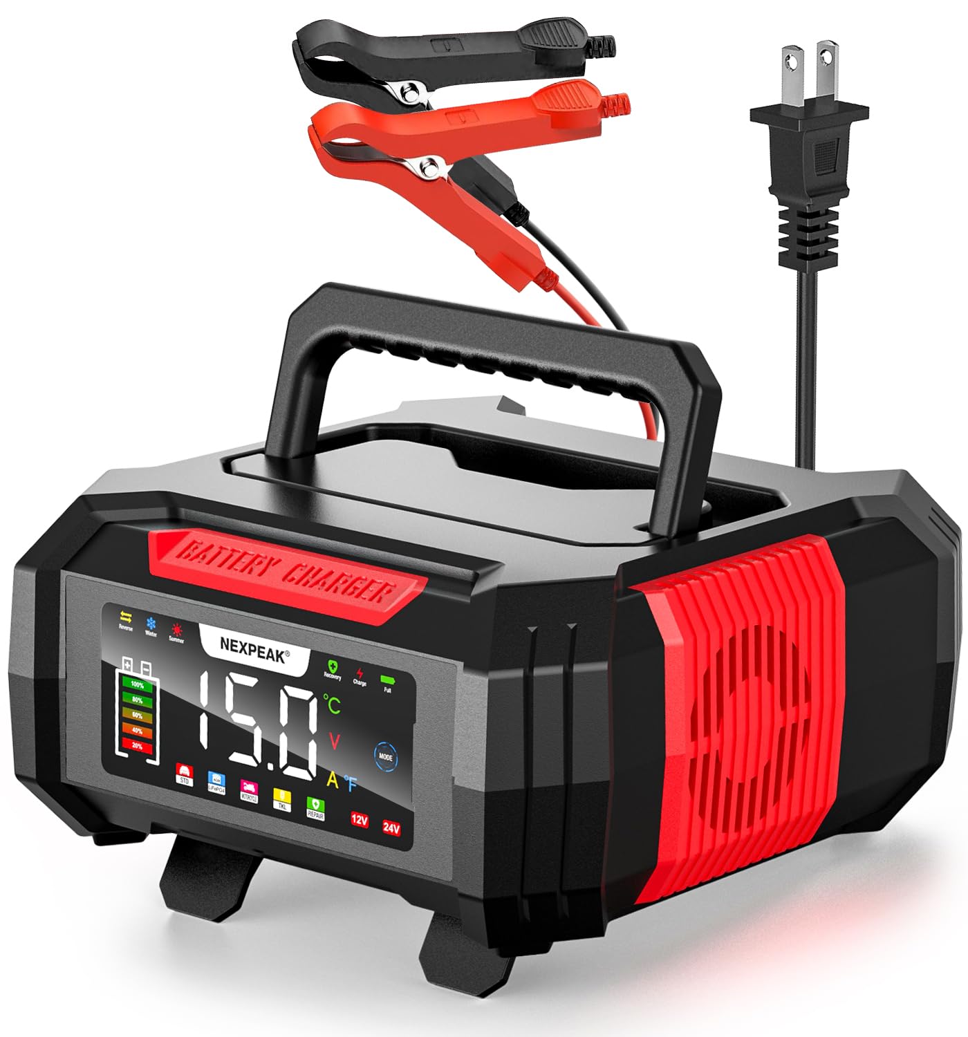 NEXPEAK 15A Battery Charger, Trickle Charger 12V/24V Car Battery Charger 9-Stage Smart LiFePO4 Charger Battery Maintainer w/Over