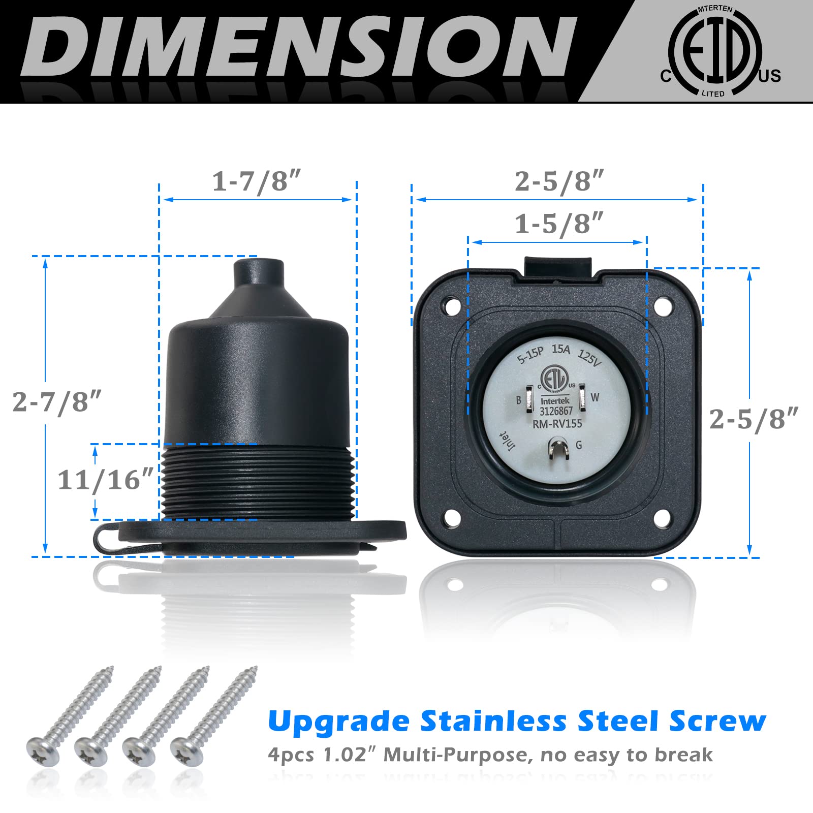 Eilxmag 15 Amp Inlet, 125V Shore Power Inlet Power Inlet Port Plug Nema 5-15P Male Receptacle Rv Flanged Inlet With Waterproof C