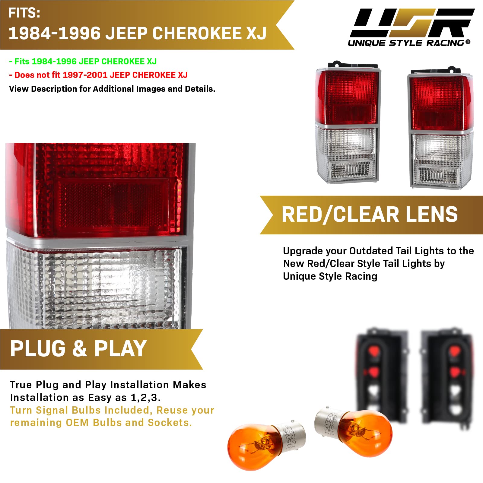 USR UNIQUE STYLE RACING 84-96 XJ Tail Lights - Euro Red/Clear Lens Rear Lamps Set for 1984-1996 Cherokee XJ (Left + Right)