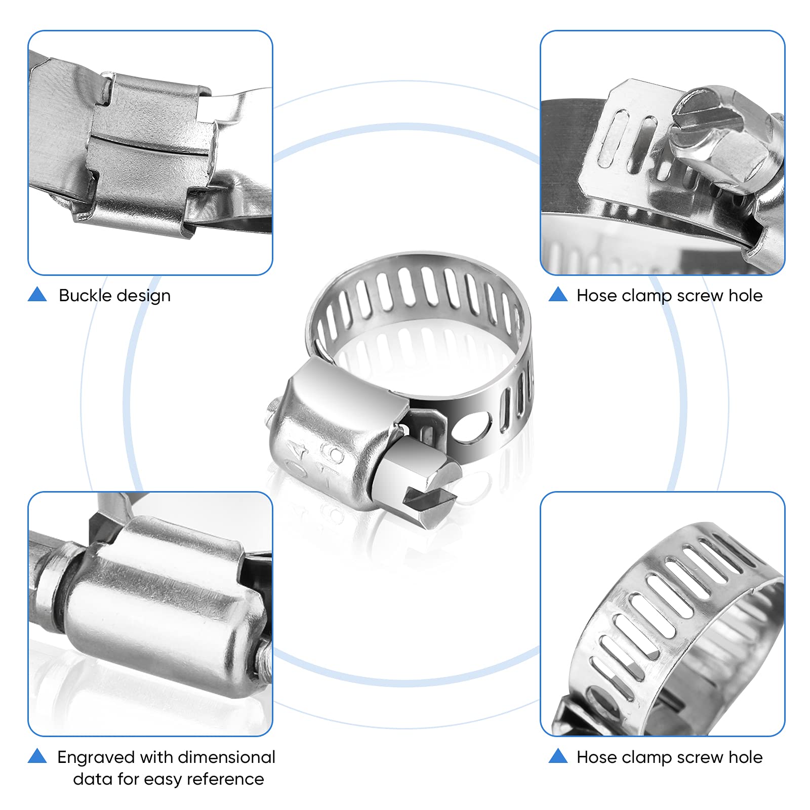 Ticonn 20Pcs Hose Clamp Set - 3/8 ' '-5/8 ' ' 304 Stainless Steel Worm Gear Hose Clamps For Pipe, Intercooler, Plumbing, Tube An