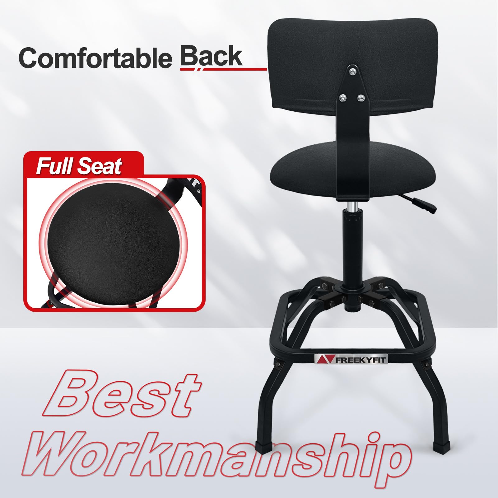 FreekyFit Adjustable Shop Stool with Backrest, Heavy Duty Metal, 300 LBS Capacity, 360° Swivel, Black, Model D05-B, 13.78"W x