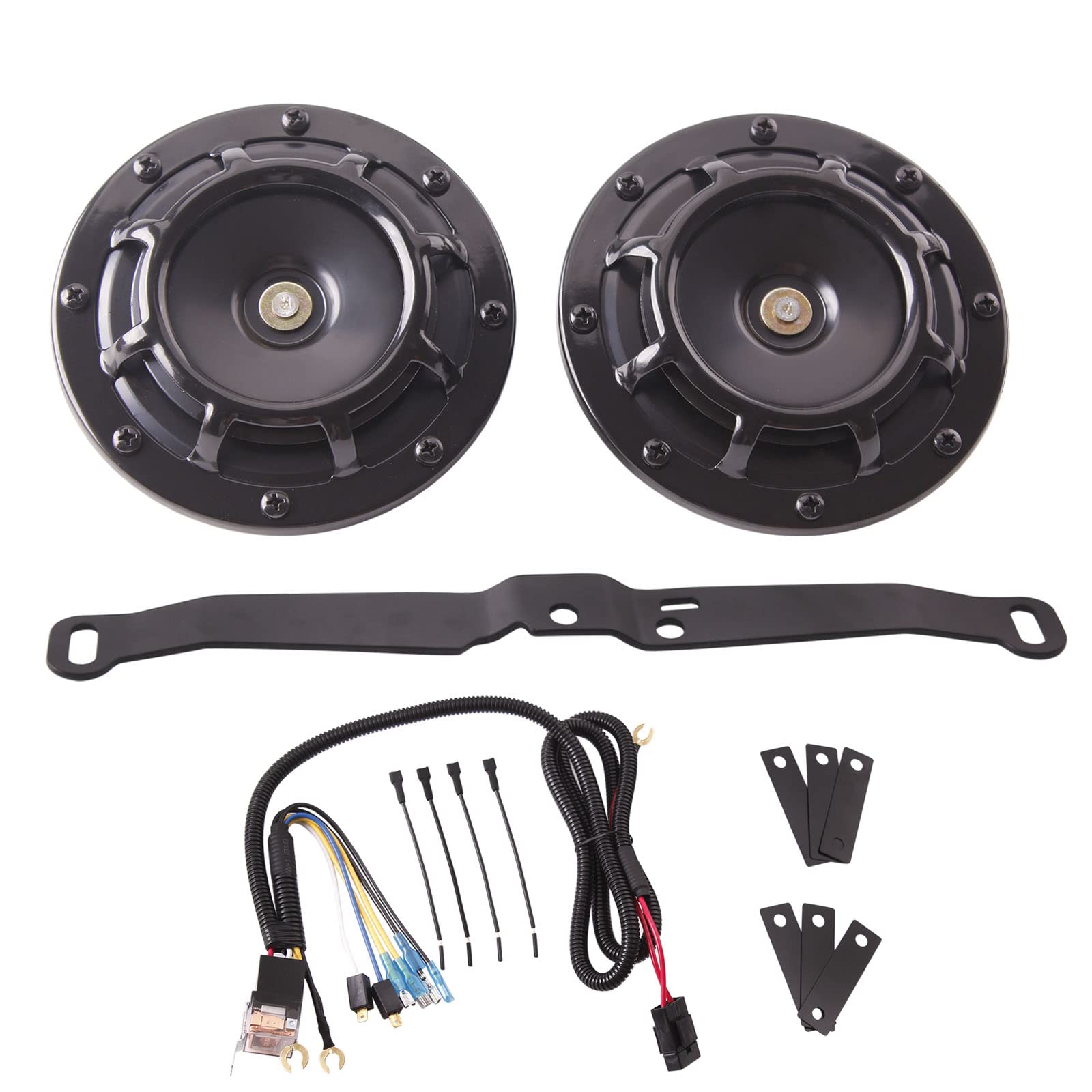 FARBIN Waterproof Car Horn Loud Super tone High Tone/Low Tone Metal Twin Horns Kit with Protective Grill (black horn with harnes