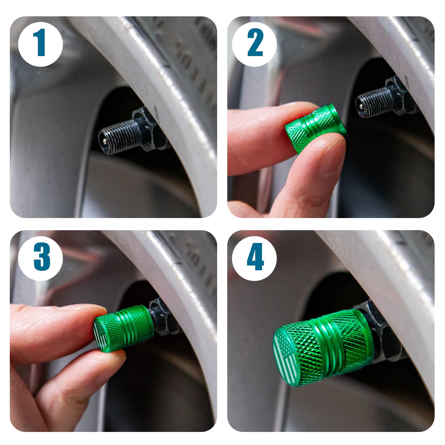 Tire Valve Stem Caps - 4 Pack Anti-Corrosion Premium Anodized Alloy Tyre Air Valve Caps American Flag For Car Suv Bike Green