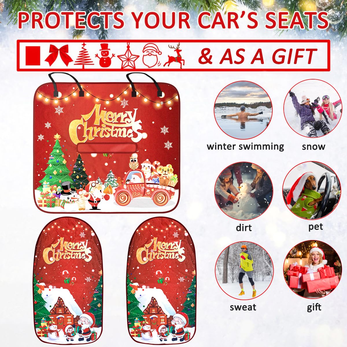 Deckaly Santa Claus Car Decoration Front Seat Covers, Towel Car Seat Protector For Outdoor, Camping, Snow, Workout, Running, Sea