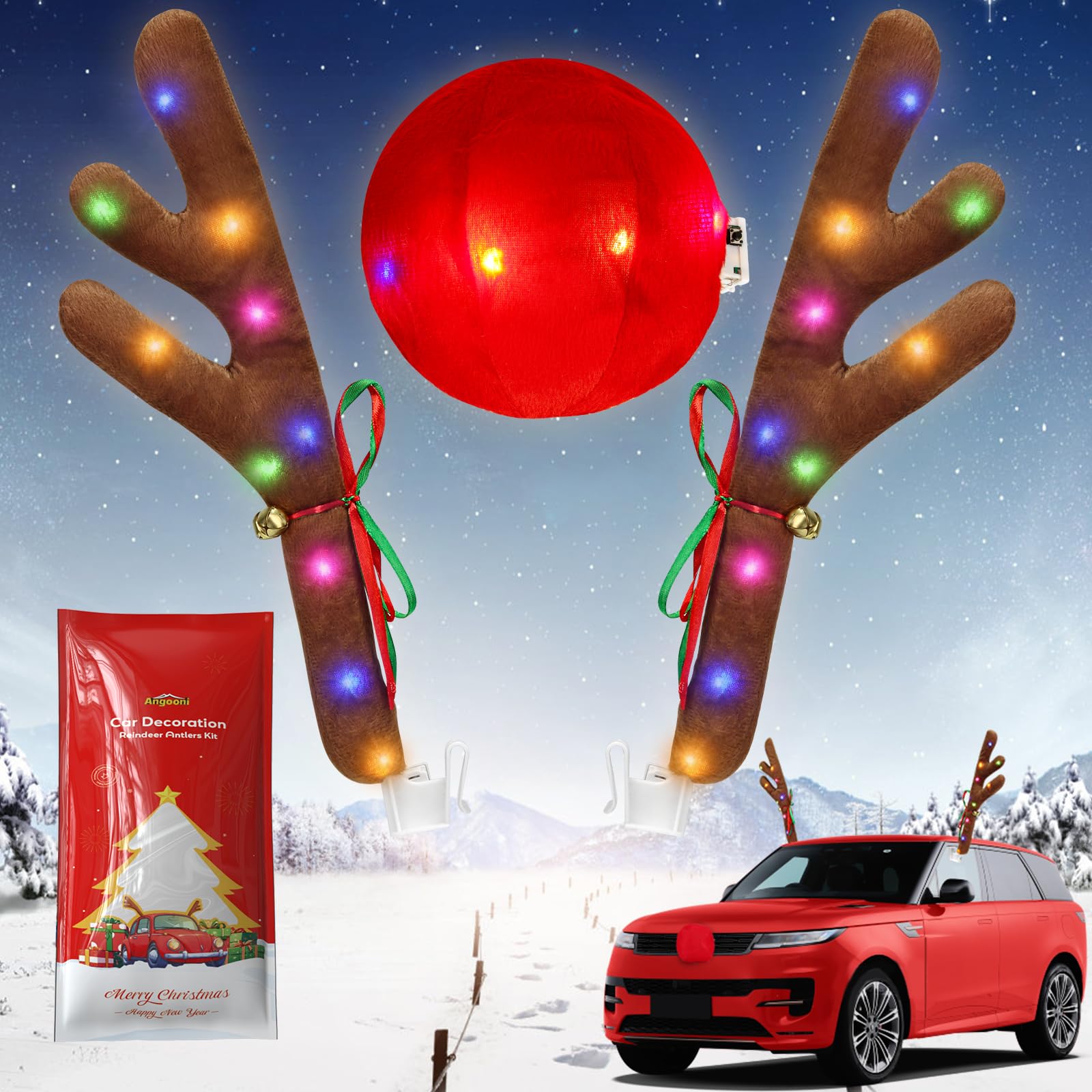 Angooni Charming Christmas Car Decoration, Festive Reindeer Car Kit, Reindeer Antlers & Nose, Christmas Lights for Cars, Nice Gi