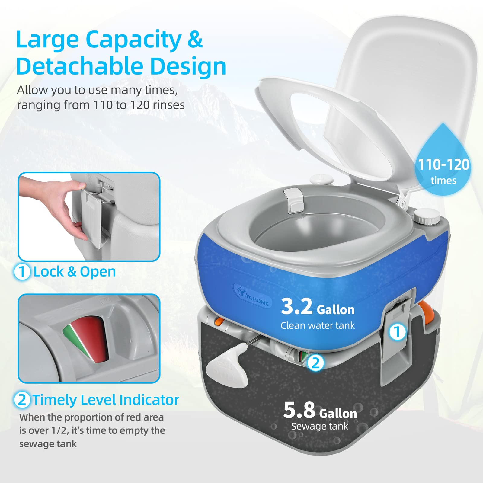 YITAHOME Portable Toilet 5.8 Gallon, Leak-Proof, Gray, with Carry Bag & Hand Sprayer, Model Toilet-1007 for RV, Camping, and Travel