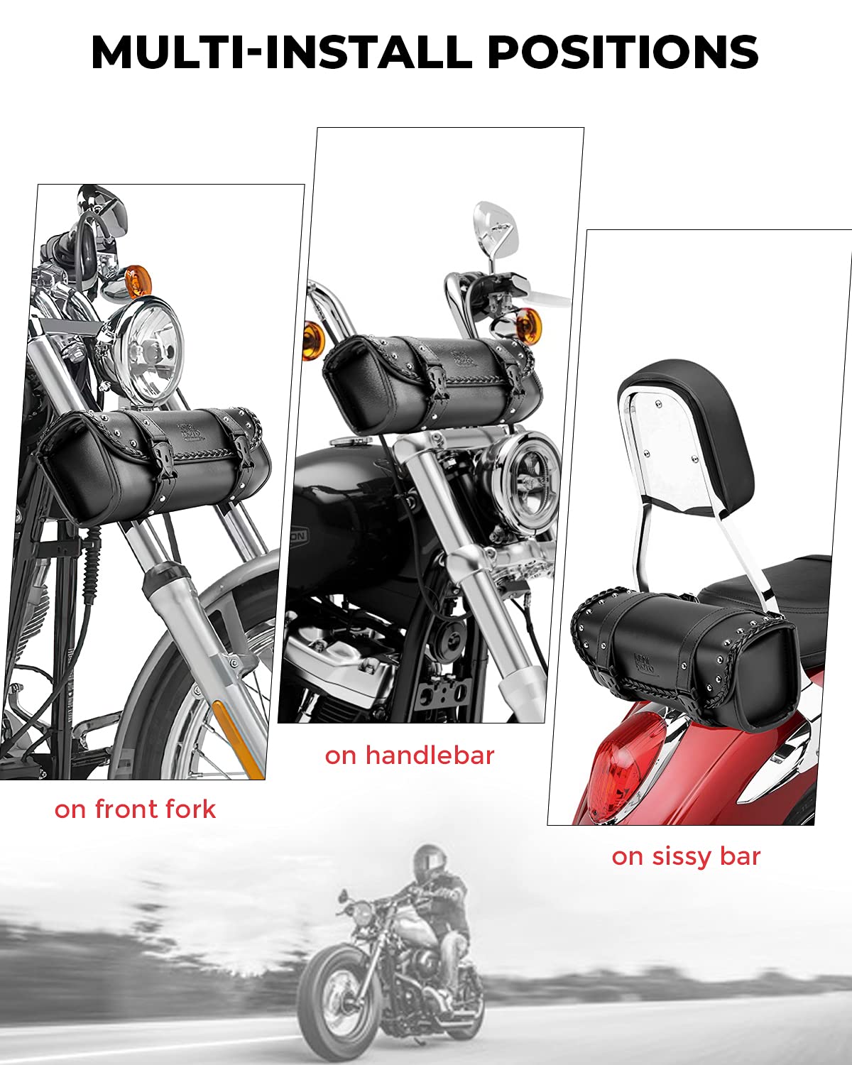KEMIMOTO Motorcycle Tool Bag - PU Leather Fork Bag, Large Black Saddlebag, Model F1101-01401BK, Universal Storage Pouch