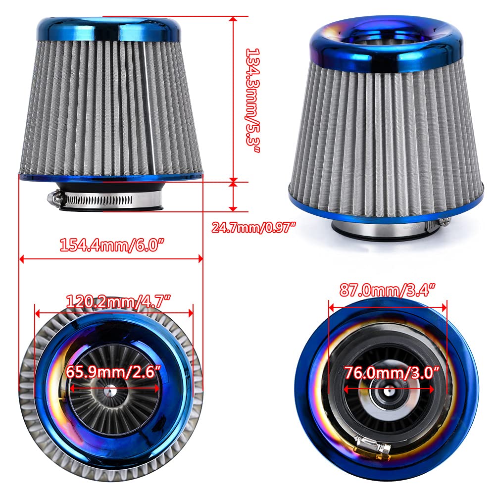 Ptnhz Universal Burnt Blue Neck 3 76Mm Car High Flow Cold Air Intake Air Filter Power Intake Air Inlet System Mushroom Head Air Cleaner