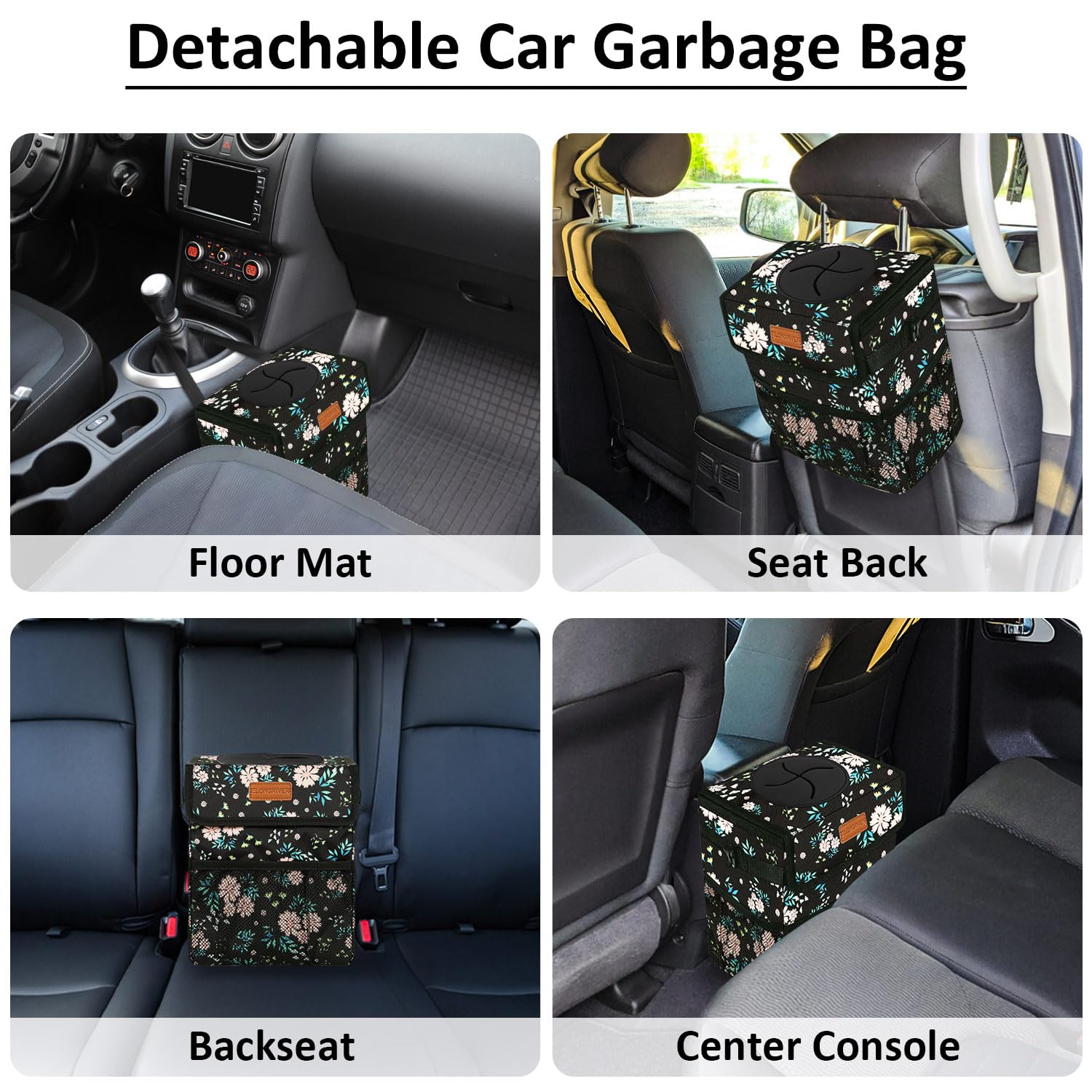 ELONGRIVER Car Trash Can Bin - 2 Gallon Leak Proof Polyester Vehicle Trash Bag, Colorful Floral, for SUV, Truck, Van, Model 220908-10