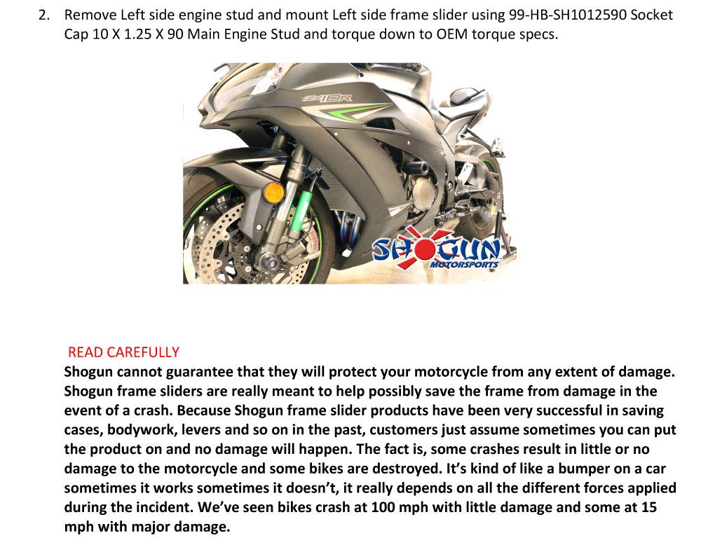 Shogun Kawasaki ZX10R Frame Sliders - Black PA2, Model 715-4959, Fits ABS & Non-ABS Models, No Cut Design, Made in USA