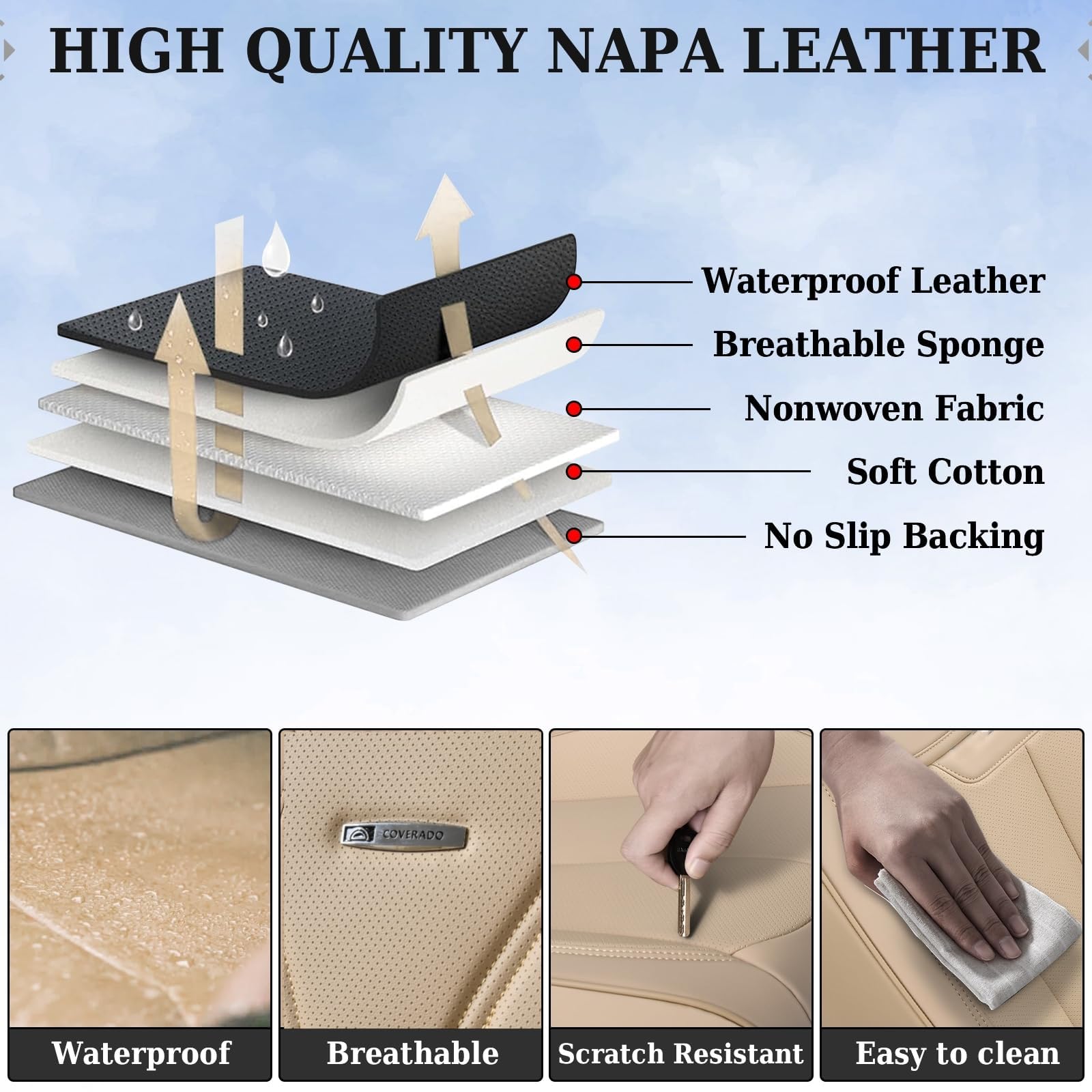Coverado Car Seat Covers Front Pair, Nappa Leather, Waterproof, Beige, SCU038