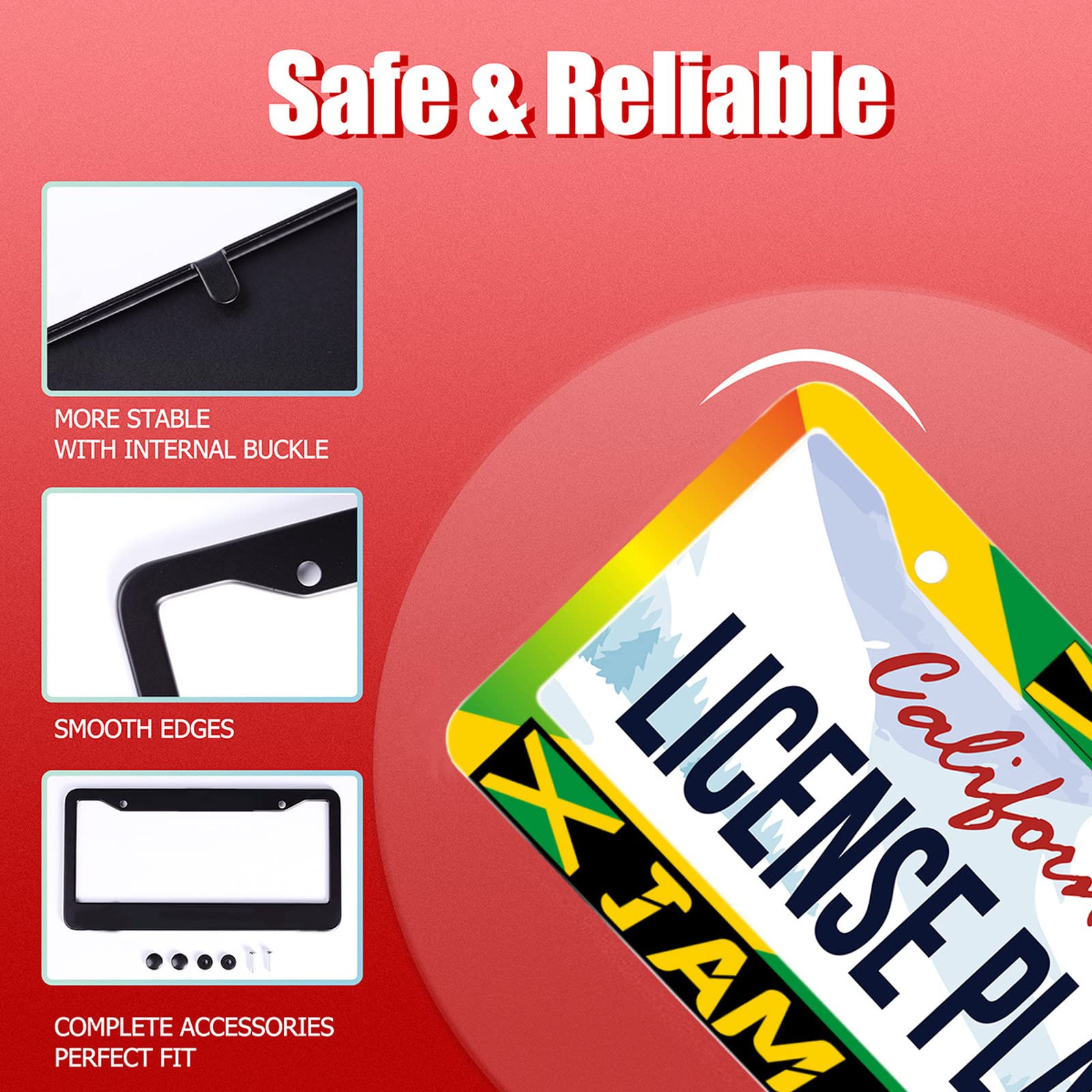 UNINDREM Jamaica License Plate Frame, Stainless Steel, Rust-Proof, 12x6 Inch, Jamaican Flag Design, Auto Parts Decoration for Men and Women
