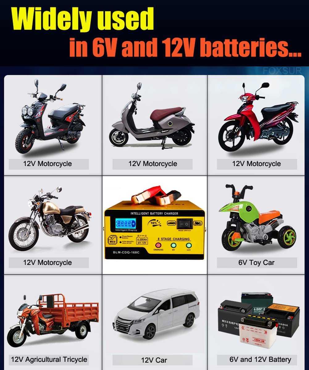 Huiaipaic 15A Smart Battery Charger for 6V/12V Lead Acid Batteries - Pulse Repair, Automotive Desulfator, Orange