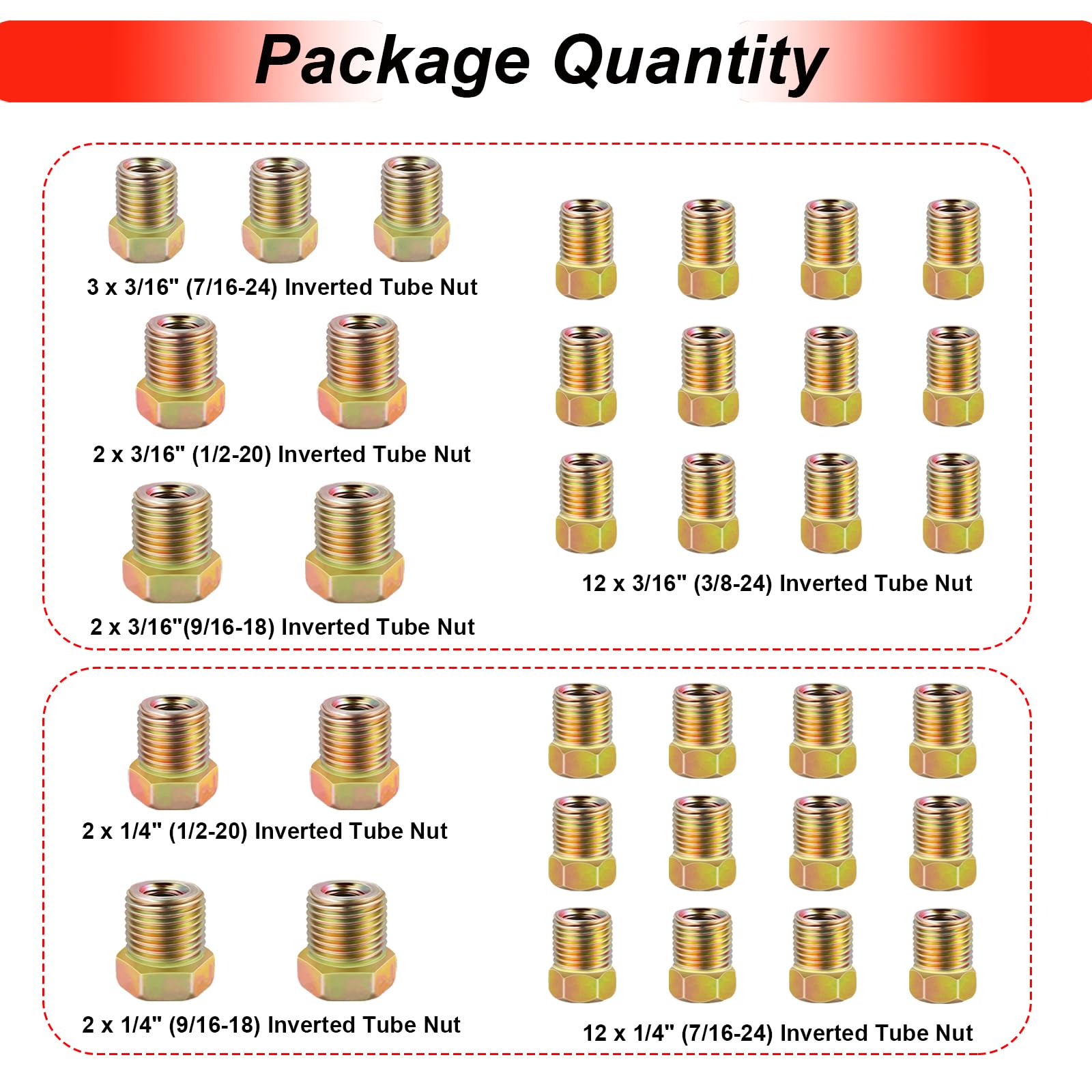 Tnisesm 35 Pcs Threads Brake Line Fittings Assortment Kits For 3/16''(19 Fittings) And 1/4'' (16 Fittings) Inverted Flares Brake