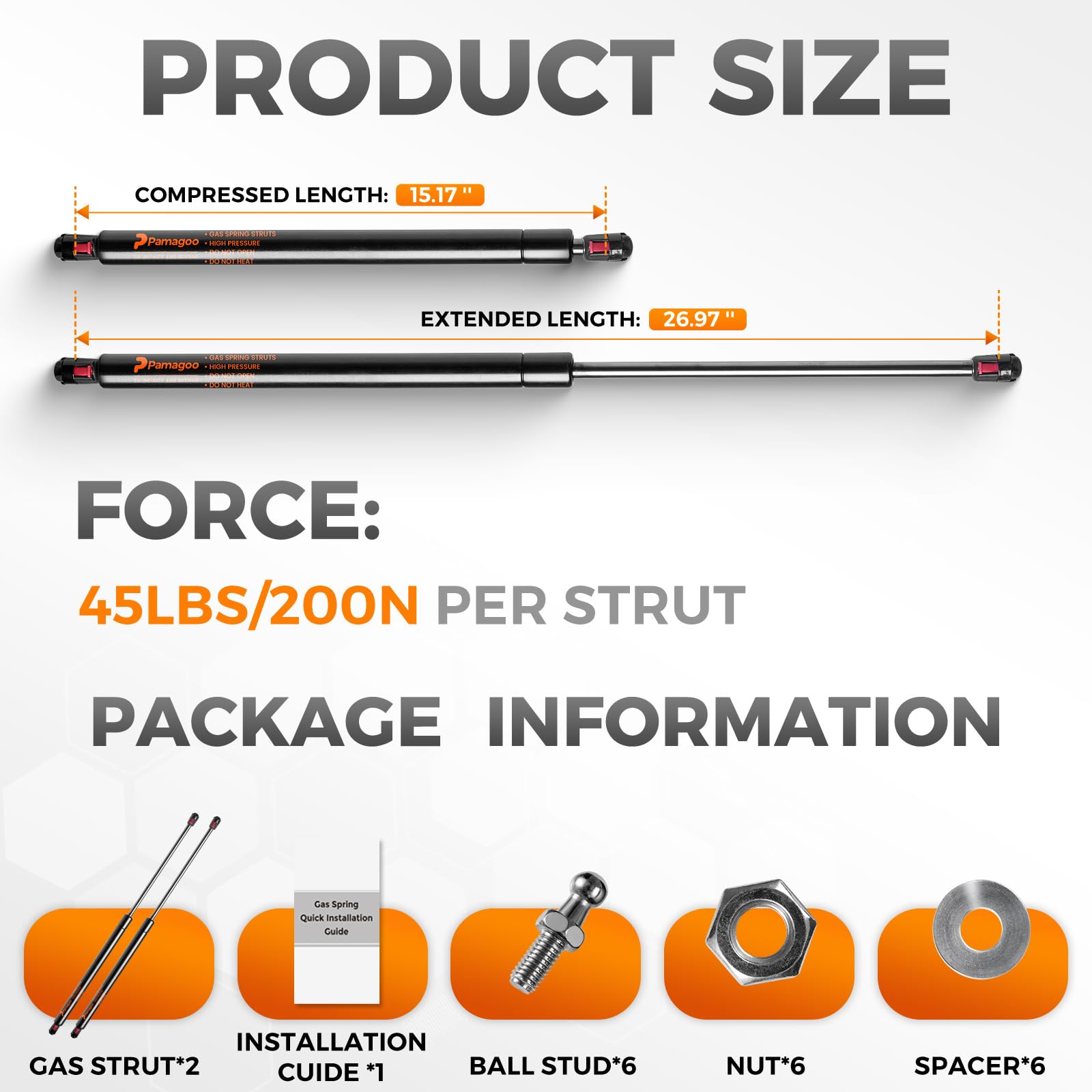 Pamagoo St270Edi2-45 27 Inch Gas Strut 45 Lbs,2Pcs St270Edi-45 Undercover Gas Spring, 27'' Lift Support For Tonneau Cover Parts
