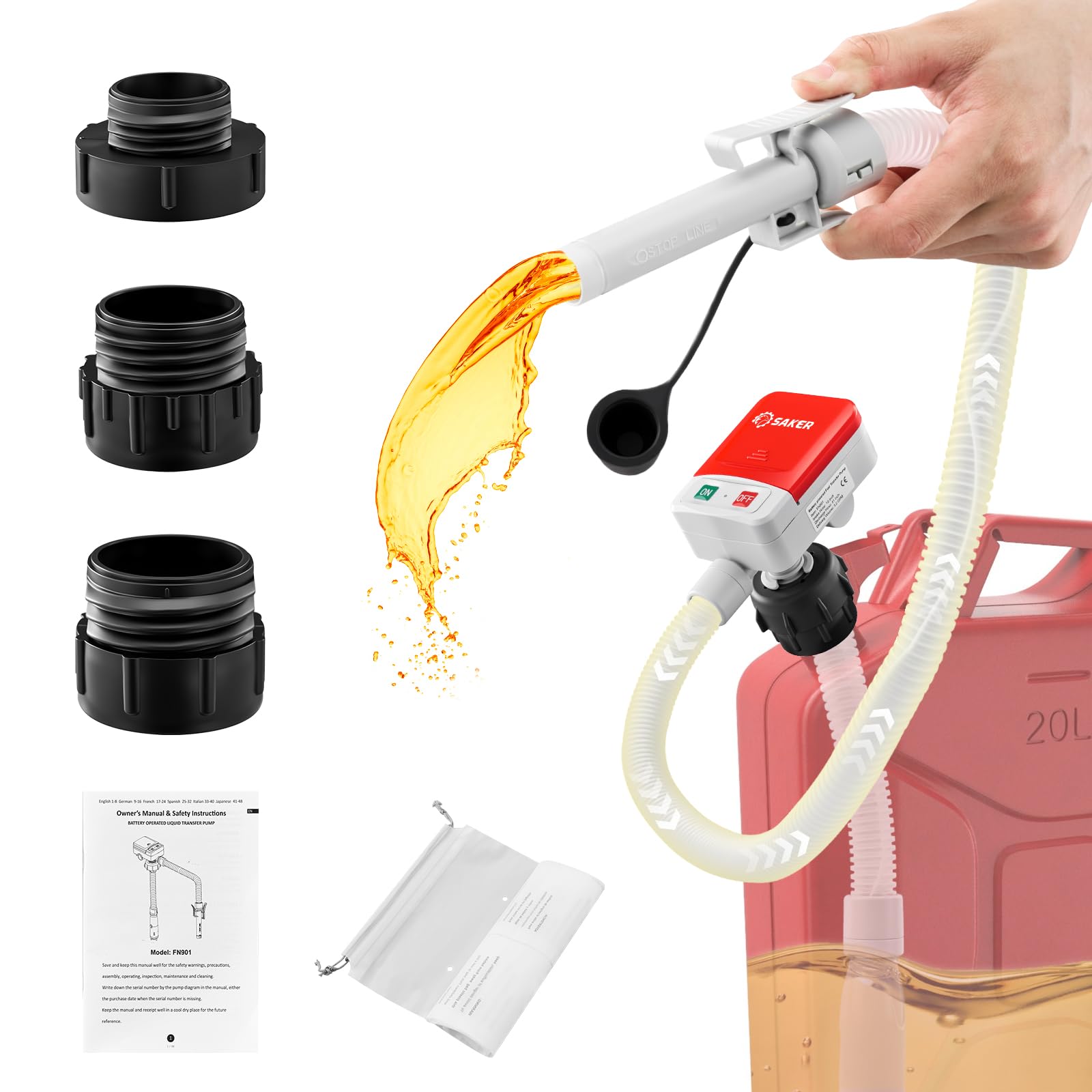 Saker Fuel Transfer Pump Battery Powered, Automatic Portable Fuel Pump with Auto-Stop, 51 Extra Long Hose, 3.2 Gallon per Min,